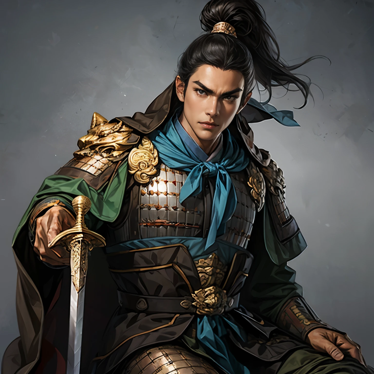 ((Create an image from the top of the head to the thigh)), Three Kingdoms illustration , Female solo, Beautiful Woman, beautiful face , perfect hand , ( black hair ), sexy expression , excited expression, Various facial expressions, various poses, standing pose, sitting pose, Brilliant background , blurry background , Beautiful armor, Chinese Armor , sword, Flying Cloak , Woman holding armor and cloak , Person holding a weapon