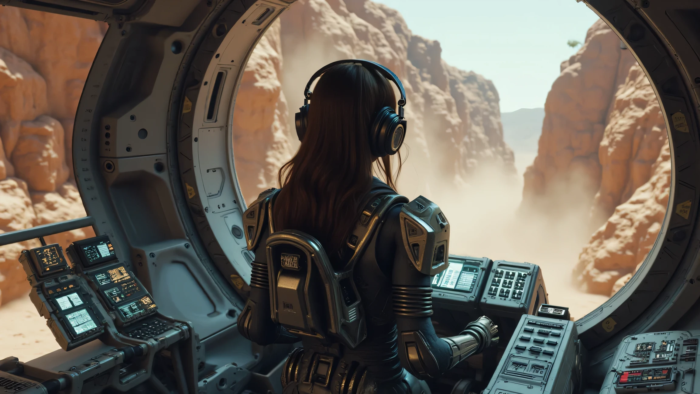 Ultrarealistic, photorealistic scene with global lighting . A young woman of European appearance , headphones in a sophisticated futuristic costume in the style of cyberpunk and retrofuturism, with their backs to the viewer. Dark gray suit with metal inserts and , tightly fits the body , emphasizing the , and includes armor in her arms , neck and head . On his head is a metal helmet with integrated headphones and technological elements. A European-looking girl , brunette , she has long, flowing , wavy hair. She is in the cockpit of a spaceship , standing in a deep canyon . In front of the girl there are a large number of instruments and panels with bright light bulbs and holographic screens. The cliffs of the canyon can be seen behind the cockpit windows. A clay-sand-colored canyon . rare vegetation is visible. There is a part of a canyon with steep cliffs ahead . Dust rises from under the spacecraft, blocking the view of the canyon. The atmosphere of the scene is dynamic , with a sense of adventure and unknown . The camera is located in a few meters from the girl . Perspective — medium , with a focus on the central figure .