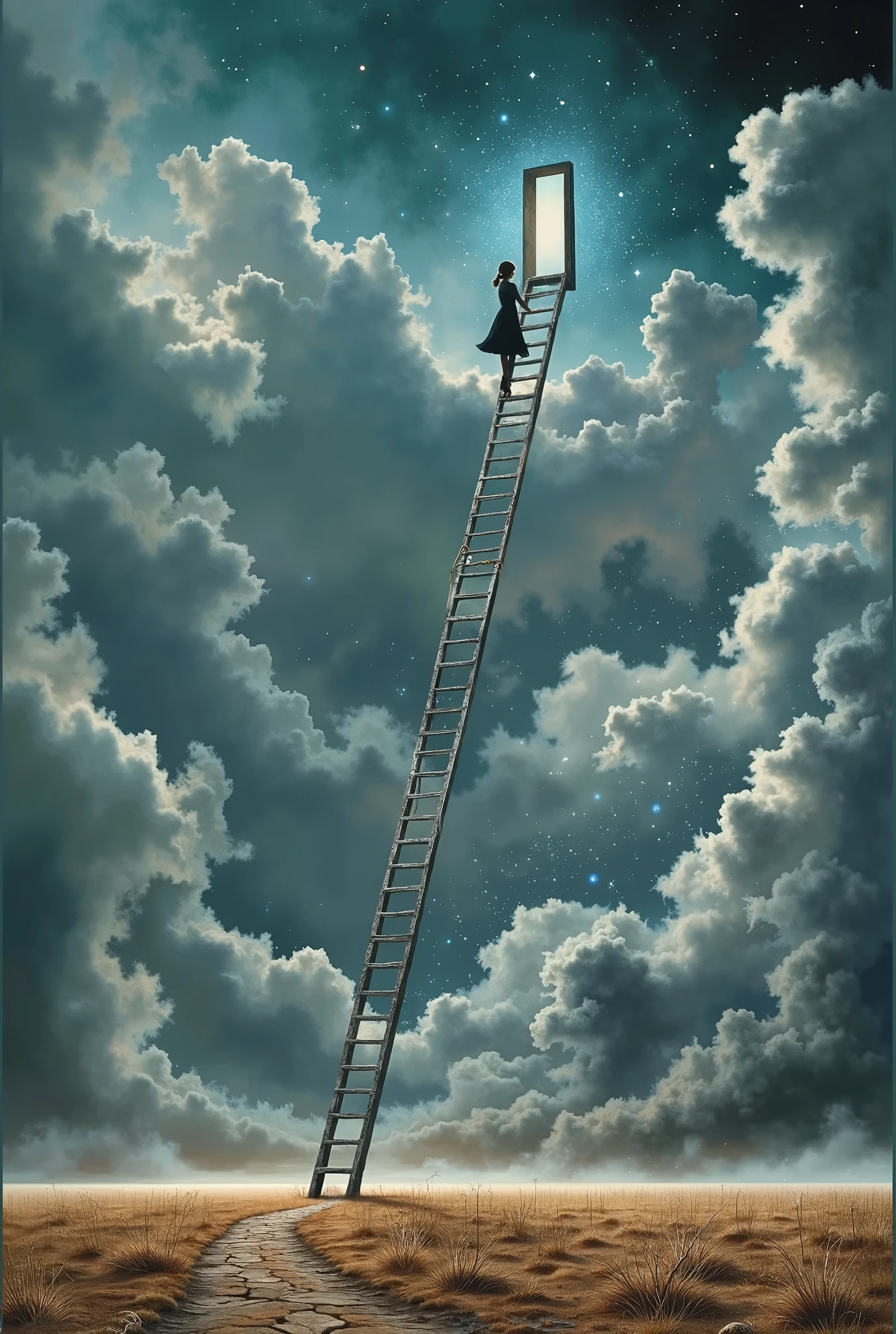 surrealism art, photo manipulation, a woman climbs a long and high iron ladder towards the sky on dry land to open the door, it is as if she opened the door in the sky, night, stars