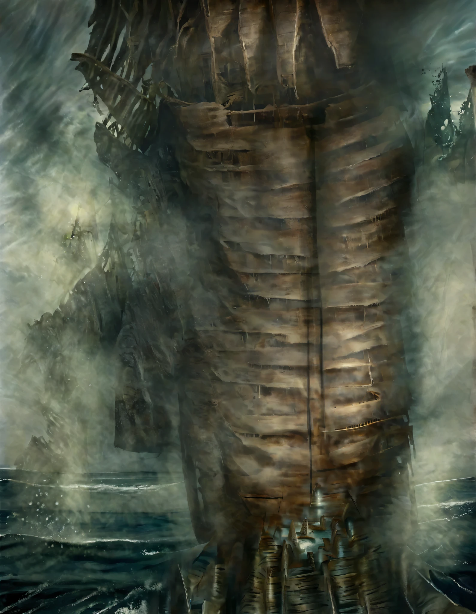 surreal painting depicting a giant ghost ship , The hull was corroded and exposed to wind and rain , stranded on a dark, rocky coastline , The stormy sky is approaching overhead , Shines an ominous light on the scene , rough texture in dry brush style exposed to wind and rain, The desolate atmosphere of the ship and its surroundings , dark, gothic, fantastic, symbolic, Anxious, complicated, high definition , moody lighting, complicatedテクスチャ, organic shapes intertwined with mechanical elements
