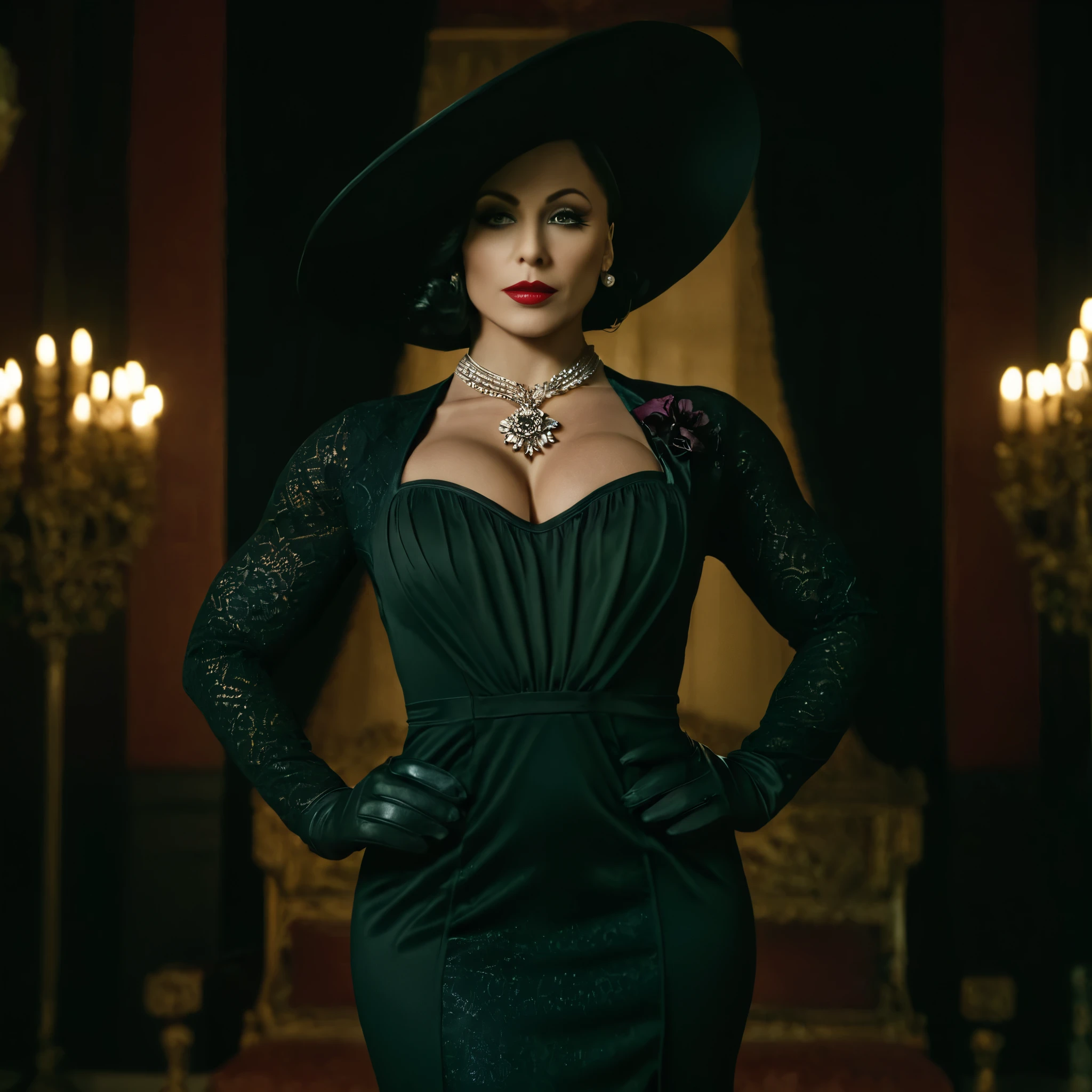 cinematic film still of Alcina Dimitrescu, Mrs. Dimitrescu, muscular, bodybuilding, Women, dramatic light, big old, Dimitrescu, Red lips, Alcina Dimitrescu, Mrs. Dimitrescu, muscular, a Women in a black GOOD and a large, 1 girl, Alone, old, by rubio,, background of the mansion, neckline, elegant low cut dress, standing, GOOD, black GOOD, lace trim, Very detailed, high budget, bokeh, cinemascope, moody, epic, gorgeous, film grain, grainy