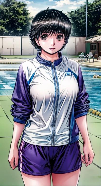 A boyish, short-haired, busty, beautiful-legged woman is standing by the pool in a competitive swimsuit.。Angle from behind。A middle-aged man is standing a little distance away, smiling and taking pictures with his camera.。