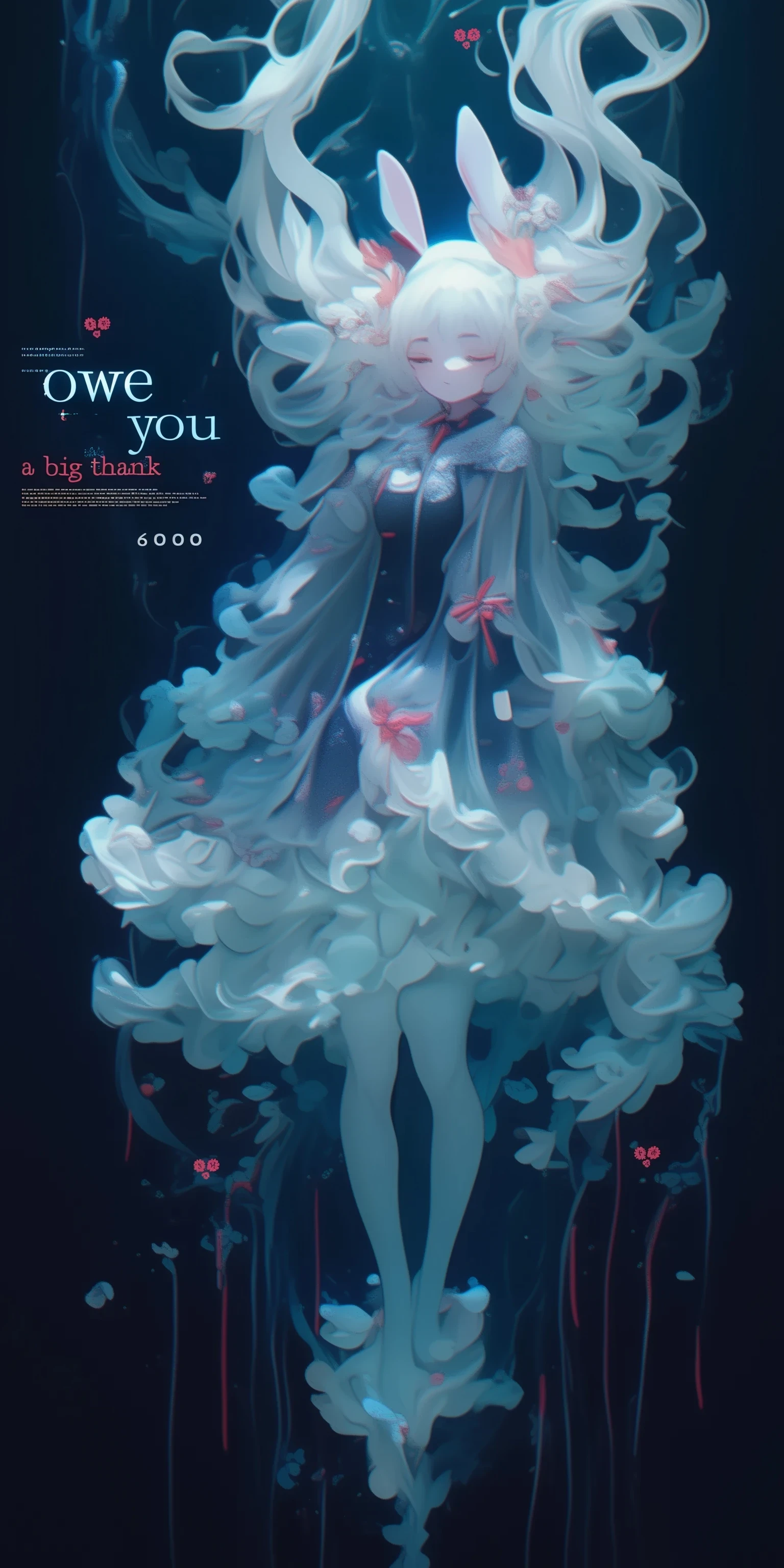 beautiful solemn text written "thank 6000". ((cute and kawaii rabbit girl lying down eternally sleeping in happy dream, long white hair and fluffy rabbit ear, transparent very white frilly dress embroidered delicately). at very unreal place as beautiful heaven shining particles floating.) (generate radiant and ethereal and translucent feeling picture. most beautiful image in the world. under black light and neon light. image generated by great soulful passion of artist. composition made by perfect golden ratio. flat newest anime style but very detailed art. masterpiece, best quality,)