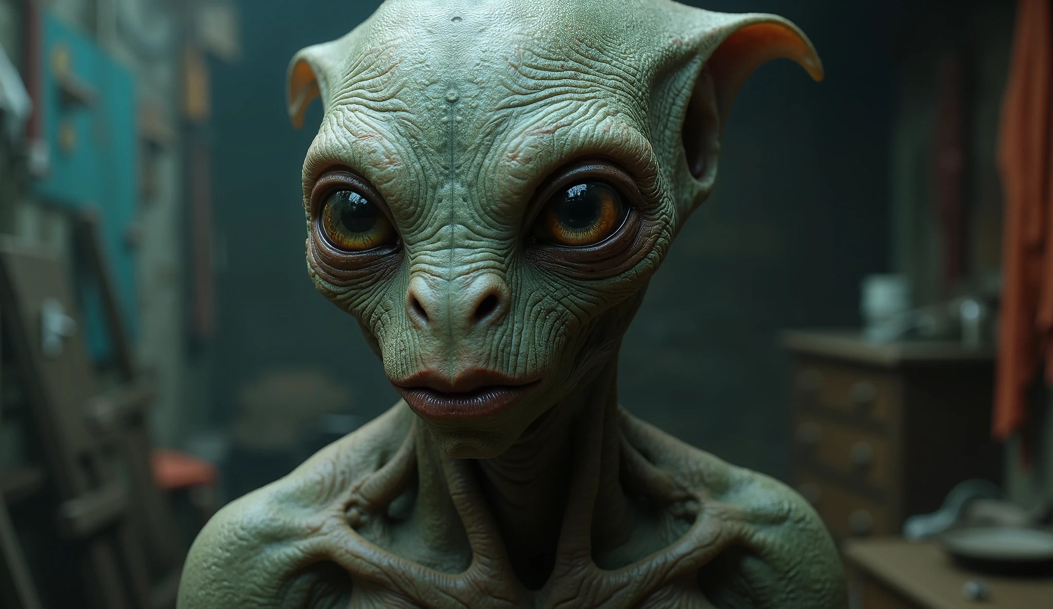 Realistic alien, Masterpiece, award winning photo, extremely detailed, amazing, fine detail, extremely detailed eyes and face, nikon d850 film stock photograph 4 kodak portra 400 camera f1.6 lens rich colors hyper realistic lifelike texture dramatic lighting cinestill 800 tungsten,