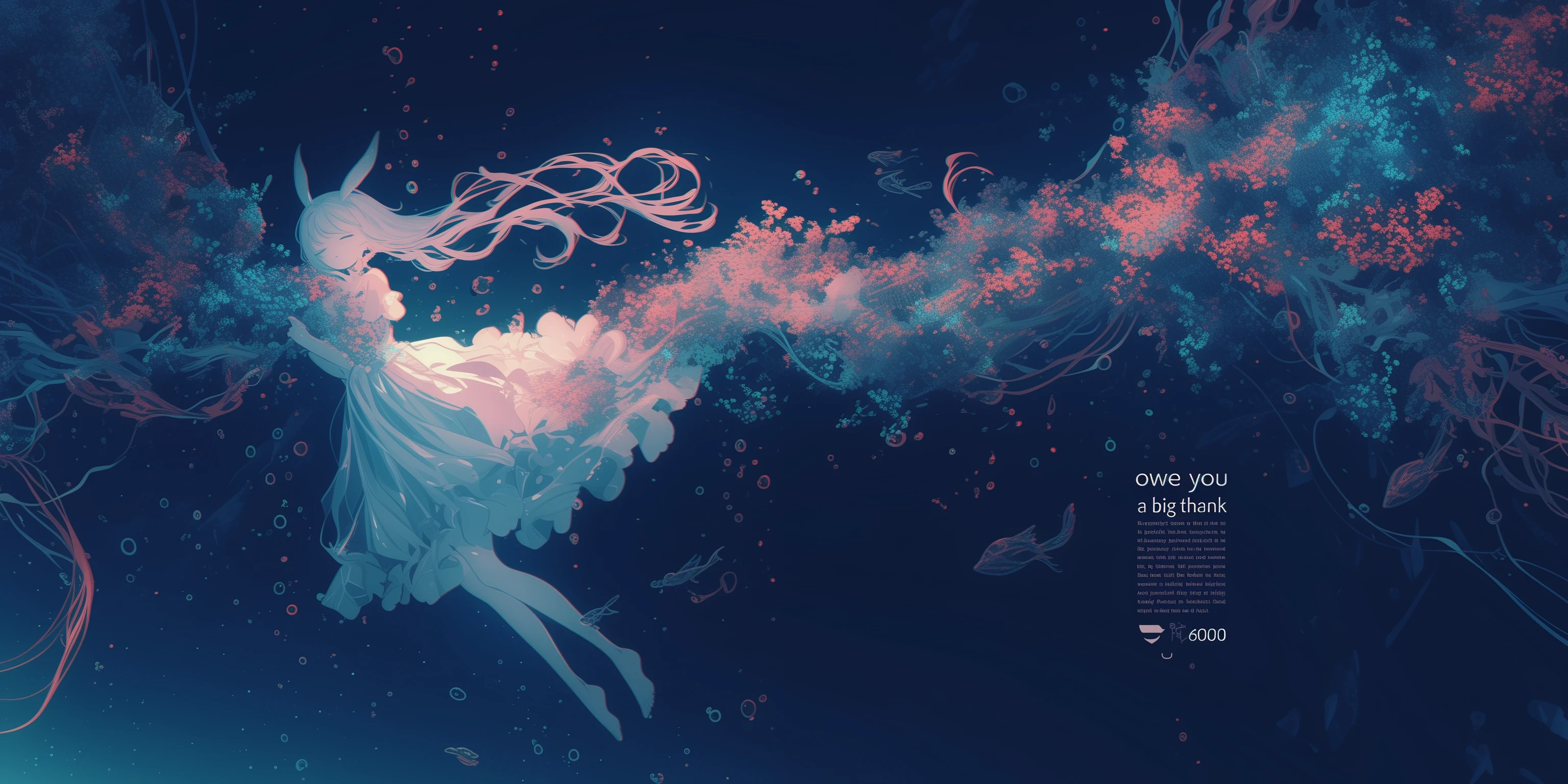 beautiful solemn text written "thank 6000". ((cute and kawaii rabbit girl lying down eternally sleeping in happy dream, long white hair and fluffy rabbit ear, transparent very white frilly dress embroidered delicately). at very unreal place as beautiful heaven shining particles floating.) (generate radiant and ethereal and translucent feeling picture. most beautiful image in the world. under black light and neon light. image generated by great soulful passion of artist. composition made by perfect golden ratio. flat newest anime style but very detailed art. masterpiece, best quality,)