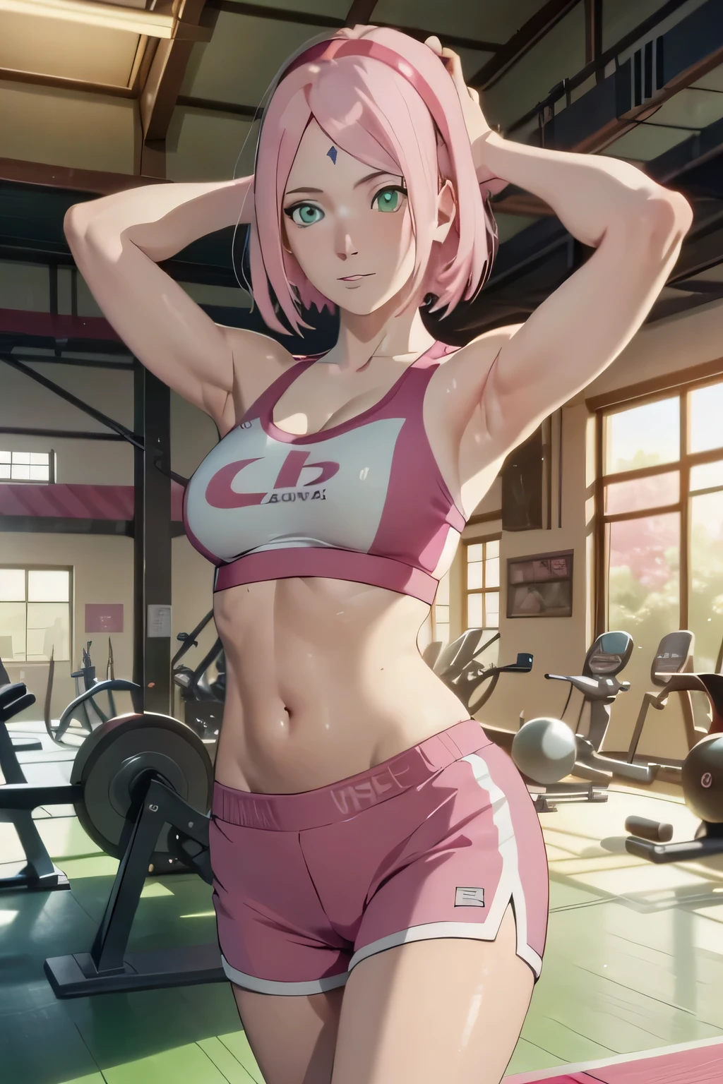 `(topless), nsfw, masterpiece, 1 girl, erect nipples, nipples, intricately detailed, navel, necklace, beautiful face, shorts, lifting, smiling, extremely detailed, photorealistic, octane render, 8 k, unreal engine. headset, bare breasts, bare stomach, sweaty, detailed, cowboy shot, small breasts, puffy nipples, leg strap, hair ribbon, sexy, shirtless, bare arms, pink hair, slim waist, petite body, gym, blue eyes, leaning forward, nipple chain, sneakers, vibrant, interior, sitting, people on background, dumbbell, audiences, gym equipment, holding water tumbler