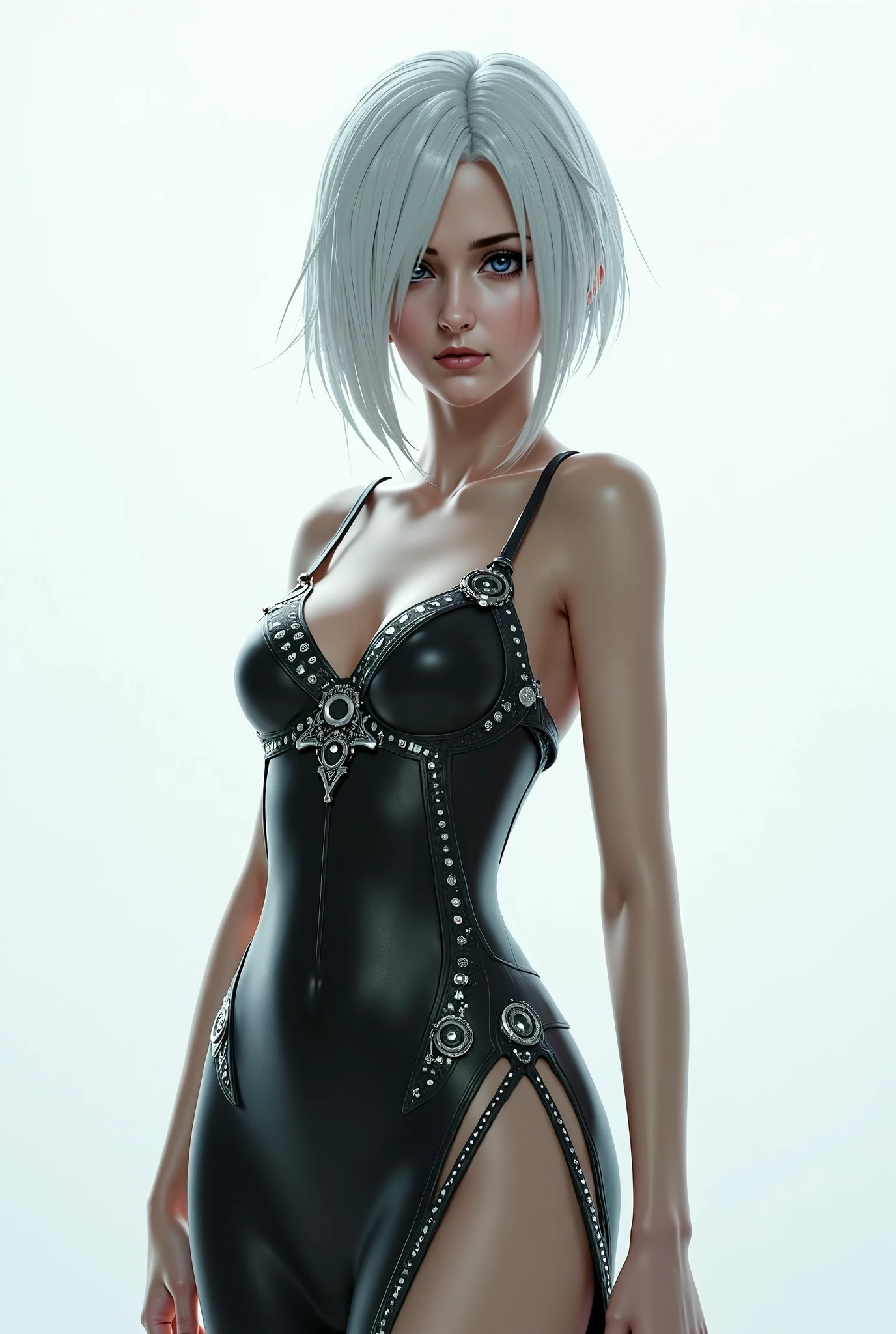 Best, Masterpiece, High Resolution, Best Quality, Ultra HD, Super Detail, Award-Standing, 16k, (Upper Body), Anatomically Correct, Beautiful Maiden, Gray Hair, Hair Strands, ((Heterochromia)), Hanging Corners, Fair Skin, (Small), (Slim Body), (Tuxedo)), Stud Earrings, (Neck Rings), (Very, Very Short Short Glove)