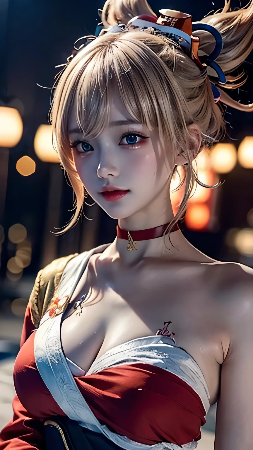<lora:GenshenImpactYoimiya_10:0.8>,1girl,cowboy shot,sitting,chair, fireworks,evening,joy,origen,underboob,