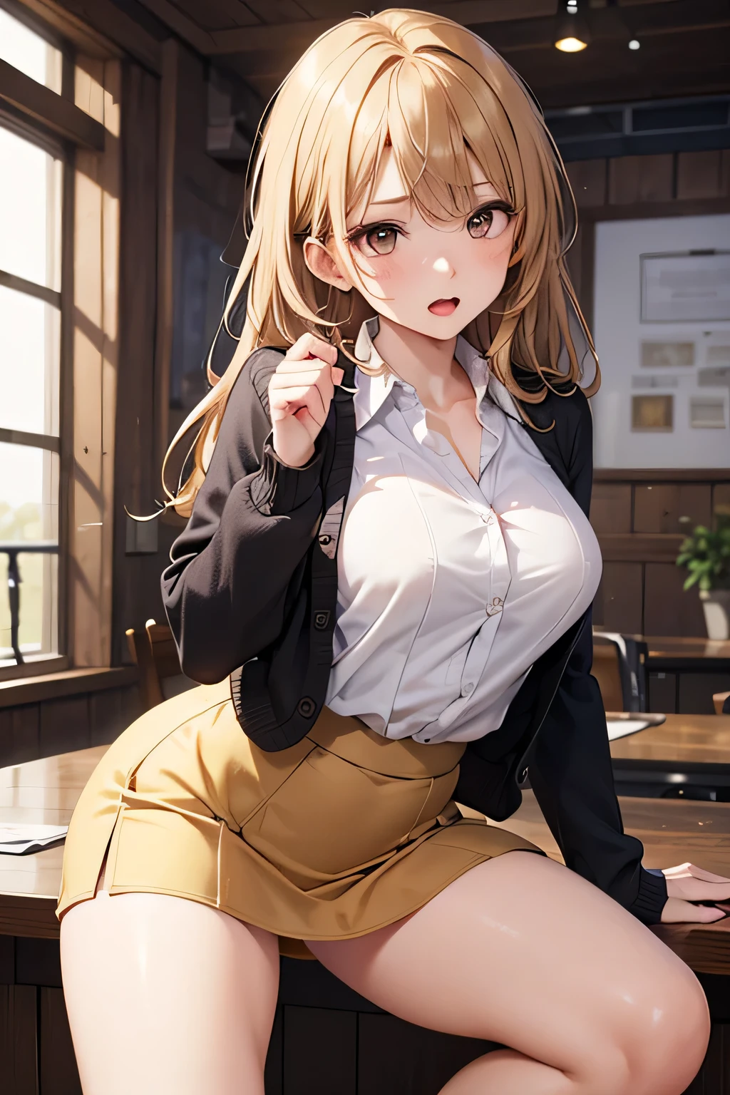 Highest quality, Soft Light, Ultra-high resolution,People Girls, alone, sexy, (A shy smile), (Yellow Eyes), Beautiful face in every detail,(High resolution detail of human skin texture), (Medium Hair),tie,Dress shirt,Short pleated skirt,panties,(Sweat:1.2),(masterpiece:1.3),(Realistic:1.2),(Open your mouth:1.1),He is leaning his hands on the desk and facing away,Looking over the viewer's shoulder