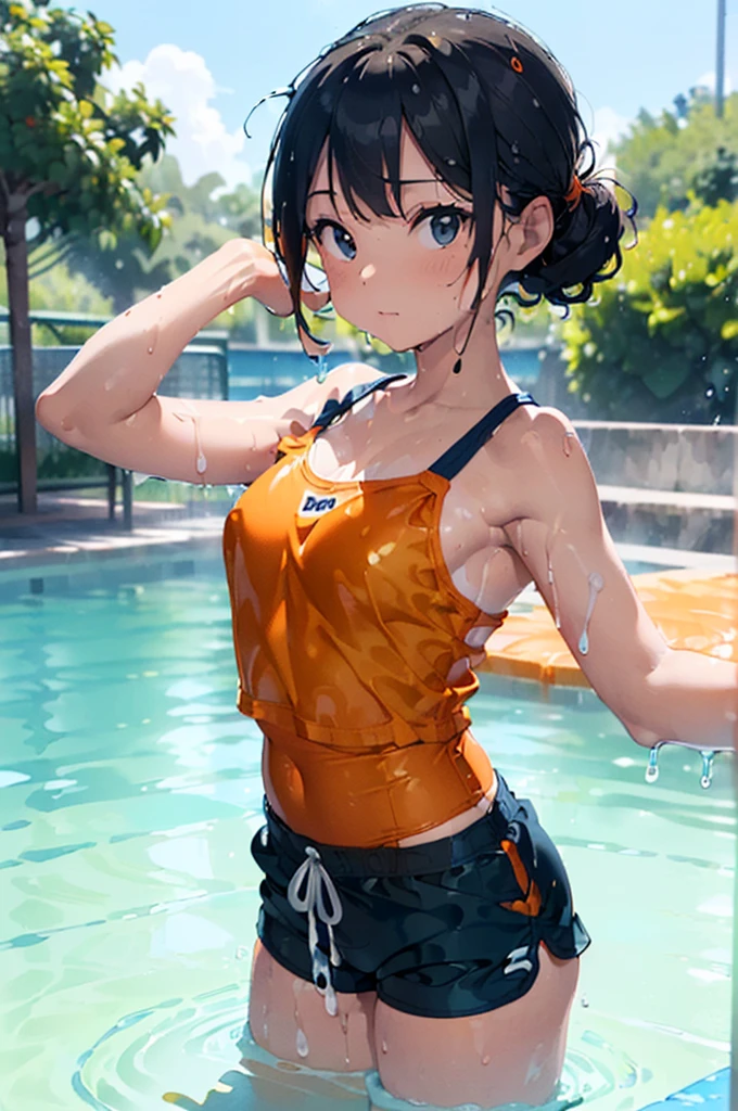 Orange swimsuit((Orange camisole,Navy blue piping),(Soaked with slimy liquid)),(Navy blue shorts),(A pool of slippery lotion),(Soaked with slimy liquid),Black Hair,Standing in the pool,