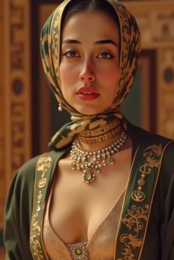 a close up of a woman in a green bodysuit with gold embroidery, ornate dark green clothing, elegant gold body, intricate body, intricate and elegant, elegant intricate, intricate details. front on, ornate with gold trimmings, intricate elegant, detailed intricate elegant, baroque detailed, ornate and elegant, very detailed and rich clothing, elegant baroque, leotard