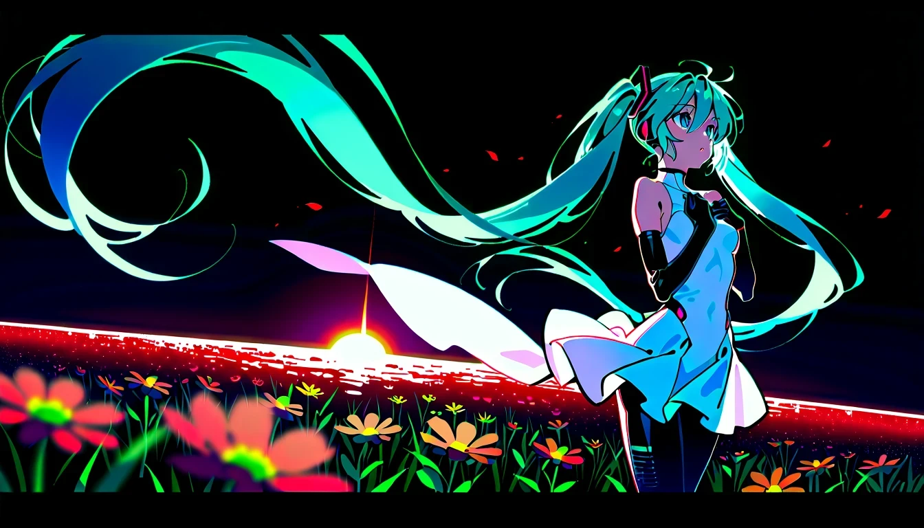 Masterpiece, best quality , one girl, Alone, long hair, Hatsune Miku , Twin Tails, very long hair, Bodysuit, Blue Hair, gloves, whole body, blue eyes, floating, View your viewers, hair ornament, Sleeveless, black gloves, Multicolored Hair, facial blemishes , Sleeveless ドレス, flower, open your lips, absurdly long hair, elbow gloves, white dress, hair between your eyes,