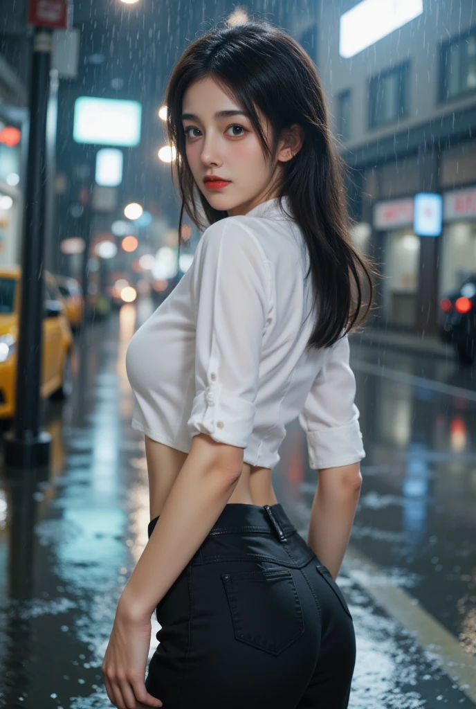 (((best quality))),(((ultra detailed))),(((masterpiece))),illustration,1girl, young,solo, slim,thin,short ponytail,small breasts,flat chest,white collared shirt,cleavage,navel,shorts,standing,arms behind back,rainy night, heavy rain, drenched clothes, melancholy expression, solitude, tear rolling down cheek, wet hair, empty streets, dimly lit, deserted environment, sound of rain, footsteps, symbol of hope, abandoned, resilience, determination, walking in rain, heartbreak, loss, love fading, loneliness, body language, facial expression, dreary atmosphere, rain-soaked streets, somber mood, viewer engagement,((upper body,from front)),urban scape,night scene