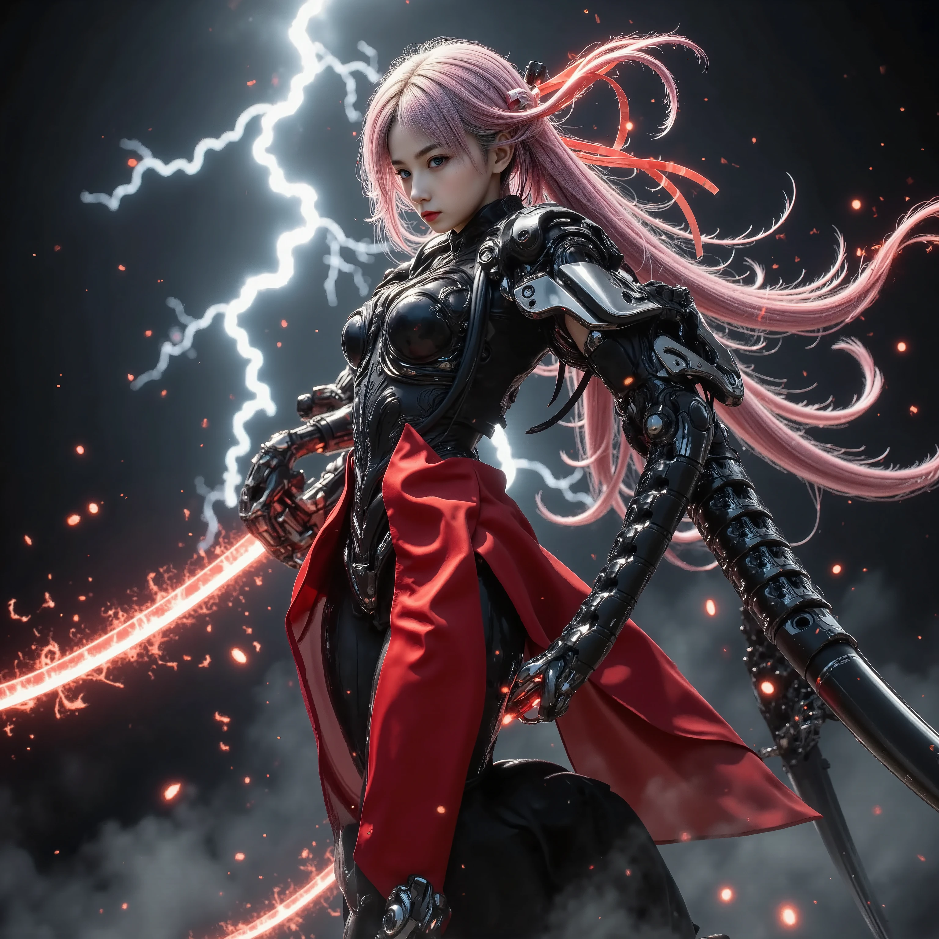 masterpiece、whole body、A fusion of cyberpunk and Japanese tradition、 combination of red and black kimono and cyber armor、Rino Kōri Shoguate Field、 pink hair、Hand holding a Japanese sword that emits red thunder、The Goddess Who Dances in the Air、The Goddess Who Descended on the Battlefield、The perfect accessory、perfect headdress