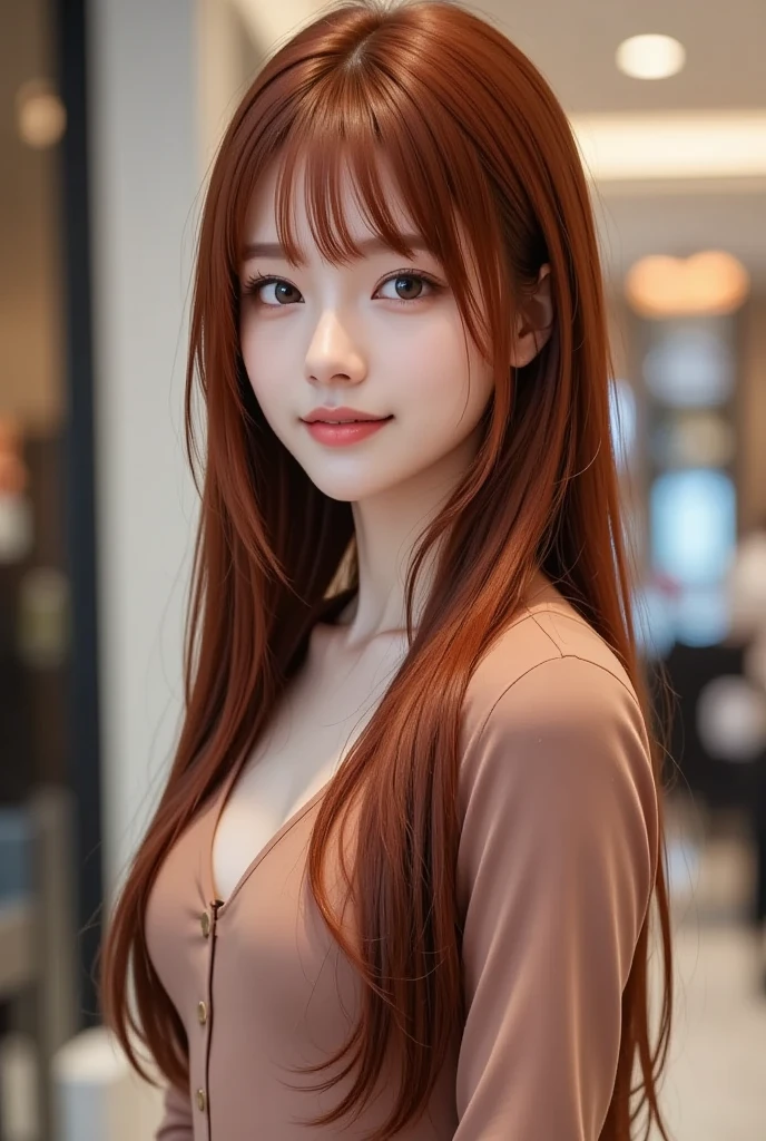 arafed woman  long red hair standing in a salon,  princess cut, long hair Full Bang, long hair With bangs, With bangs, Full Bang, neat hair With bangs,  Straight Hairstyles, red, dark red,  long red hair, Long Hair, Hair Color, long straight bang , Red-haired, With brown fringe