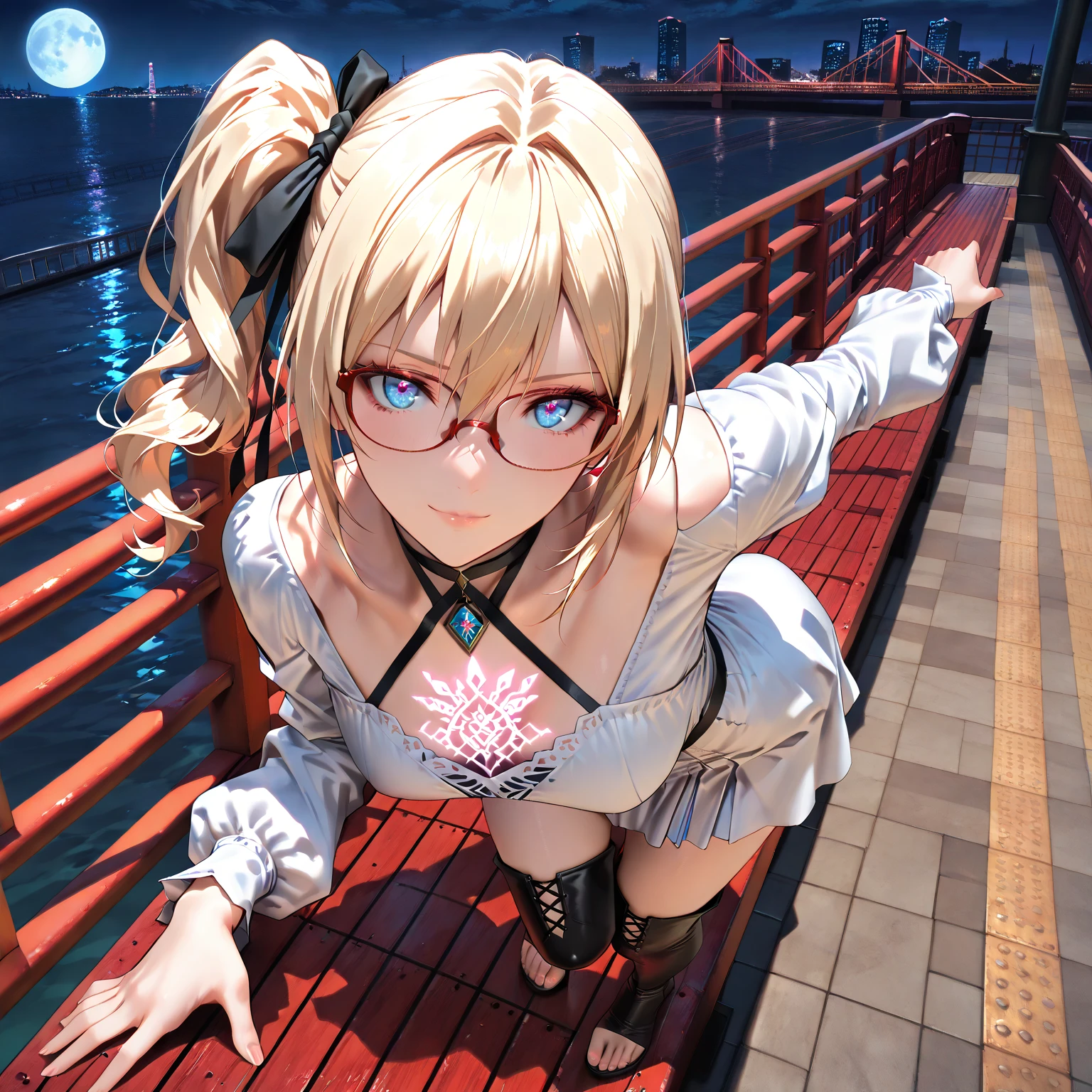 Looks about 20,(beautiful girl: 1.3),Highest quality,8k,Highly detailed CG unit wallpaper,masterpiece:1.2,top-quality,Ultra-high resolution,RAW Photos,real texture skin, photorealistic, Cinema Lighting,Huge buildings,metropolis,Big, round, beautifully shaped butt,),(Perfect hands, Perfect Anatomy), BREAK, (Medium Small breasts), Perfect Face, Symmetrical face, (glossy skin:1.6), beautiful shiny lips, solo, breack, ((Beautifully hand-drawn)), ((light Blonde)), ((white dress, long sleeves, thigh boots, toeless footwear)), ((Swaying side ponytail)), short wavy hair, hair ribbon, ((Blue Eyes)), (Glowing_eye), (((eyes open))), closed mouth, (((({red slim glasses})))), BREAK, ((from above)), midnight sky, BREAK, bayside, high place, (((huge red bridge))), fullmoon, black choker, (eye focus), posing, light smile,