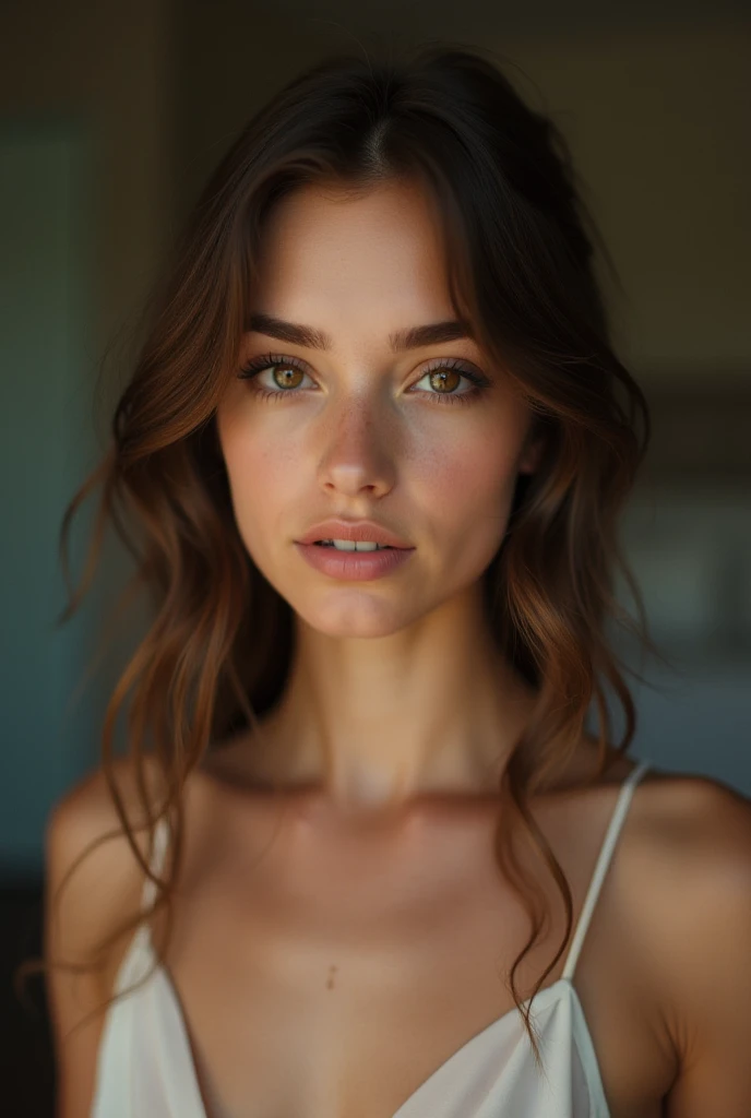 i want a front picture of a young beautiful white girl, with long brown hair and big boobs. she has has light grown eyes and has a very soft and natural makeup