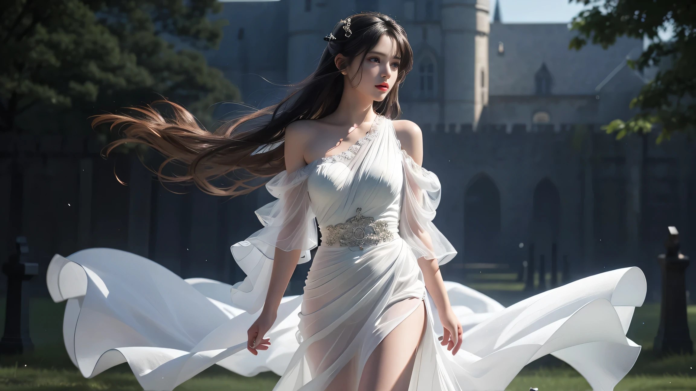 Anime mature woman,she had a long silver hair with flat bangs,she had a red eye, she's have a elf ear,she wearing an white long elegant dress,scenery is beauty behind her,artistic art