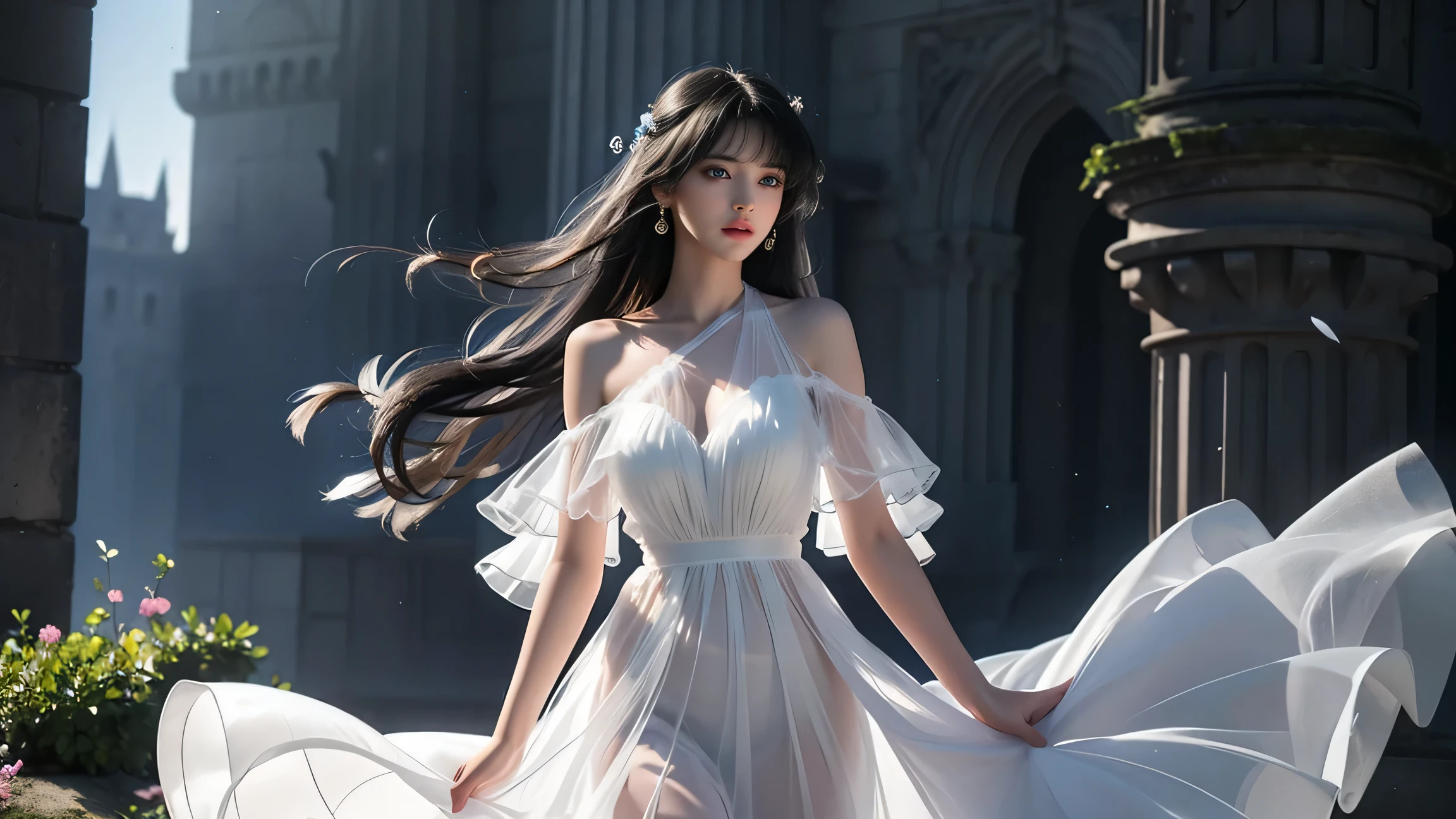 ((Girl standing in front of the wall of an old castle))、Fluorescent color、1 girl、Look to the side、Beautiful Face、Beautiful Eyes、(Off the shoulder:1.2)、Upper Body、Shiny Hair、Glowing Skin、 Reduce glare、Adjusted finger proportions、escrow、ass pov、Dynamic Angle、(((Master Parts)))、(((Highest quality)))、(((Super-detailed))) detailed)、(An illustration)、(detailedな光)、(Very delicate and beautiful)、dramatic_Shadow、Ray_Tracking、reflection、 Ultra-high resolution、((Colorful hair with black streaks))、 Her hair flutters in the wind、(big deep blue eyes)、Black-haired woman、 Sparkling butterfly、Black-haired woman、Points of light around the woman、Magical Aura、Green dot、About Auras Nature、超Magical AuraBlack-haired woman,((Translucent white open shoulder dress:1.3))、(Sleeveless)、((My skirt is flying up in the wind)),((An old European castle looms in the distance)),((White panties are visible)),