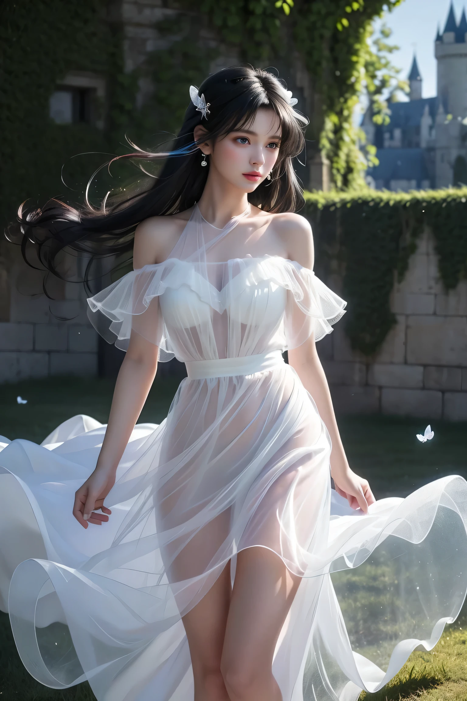 <lora:add_detail:0.6> ,<lora:FilmProvia2:0.4>,(photo-realistic,ultra realistic 8k CG:1.2),perfect artwork,delicate pattern,
(best quality,intricate detail,extremely intricate:1.2),70mm telephoto lens,
perfect lighting,detailed lighting,dramatic shadows,ray tracing,bloom,
-------------------------------
(ulzzang6500V),(idol),(detailed clothes features),Exquisite Makeup,the pose,
(1girl,solo:1.2),woman,girly,bright eyes,(detailed eyes),(wet skin,nsfw:1.1),
(very long hair,Floating hair,Flamboyant hair,wind,gale,hair accessories:1.4),
-------------------------------
(silk Ribbon in front:1.3),earrings,filigree,detached sleeves,wide sleeves,
(see through clothes,translucent clothes,armlet:1.2),(revealing clothes),jewelry,
(cleavage,bare shoulder,strapless,Simple Choker,tube dress,no bra:1.1),
-------------------------------
(horizon,longView,distant,Leaves and plant in front:1.2),simple background,
-------------------------------
(pov legs,thighs,party dress,tiered dress,center opening,white dress,long skirt,hair bow:1.3), <lora:Party_Dress Tiered_Dress:0.5>, masterpiece, best quality,incredibly absurdres, 1girl,