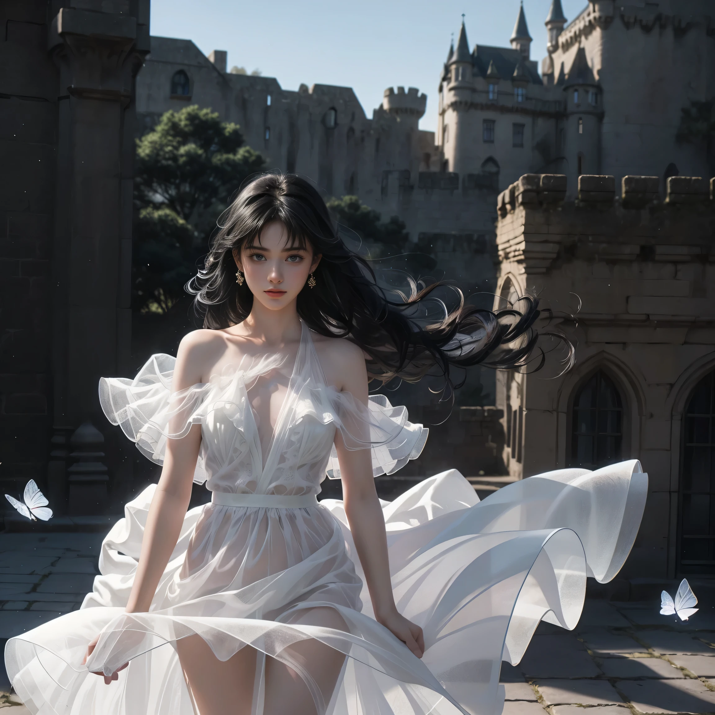 ((Girl standing in front of the wall of an old castle))、Fluorescent color、1 Girl、Look to the side、Beautiful Face、Beautiful Eyes、(Off the shoulder:1.2)、Upper Body、Shiny Hair、Glowing Skin、 Reduce glare、Adjusted finger proportions、escrow、ass pov、Dynamic Angle、(((Master Parts)))、(((Highest quality)))、(((Super-detailed))) detailed)、(An illustration)、(detailedな光)、(Very delicate and beautiful)、dramatic_Shadow、Ray_Tracking、reflection、 Ultra-high resolution、((Colorful and black hair mesh girls))、 Her hair flutters in the wind、(big deep blue eyes)、Black-haired woman、 Sparkling butterfly、Black-haired woman、Points of light around the woman、Magical Aura、Green dot、About Auras Nature、超Magical AuraBlack-haired woman,((Off the shoulderの半透明の白いドレス:1.3))、(Sleeveless)、((My skirt is flying up in the wind)),((An old European castle looms in the distance)),((White panties are visible)),