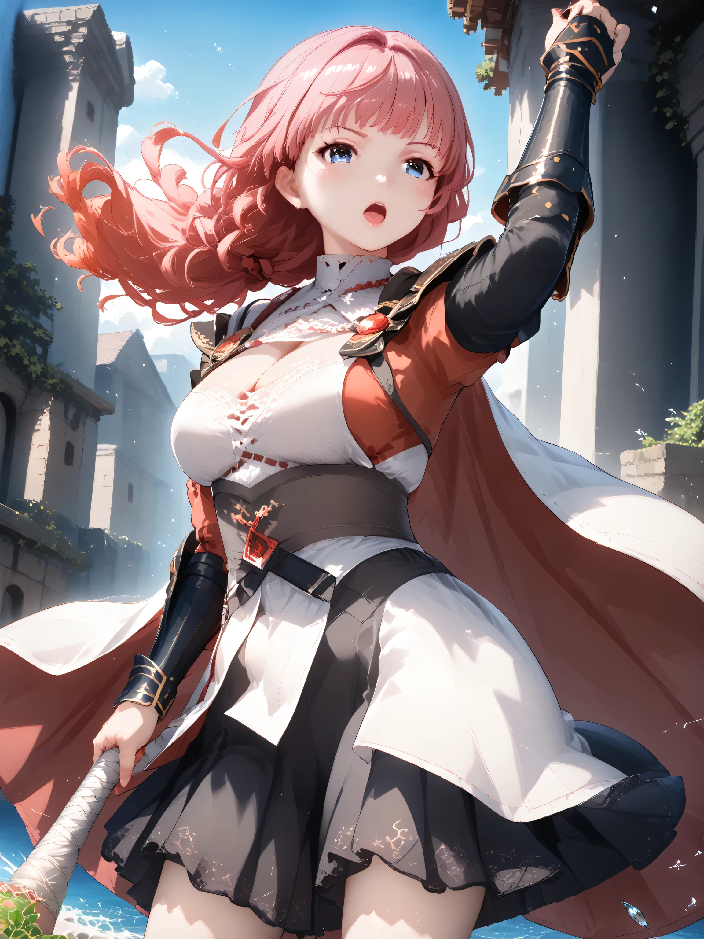 (best quality, masterpiece), very aesthetic, absurdres, high res, detailed face, (realistic:0.7), Ray Tracing, 1girl, defCeli, red hair, tareme, red eyes, hairband, earrings, cape, detached collar, white dress, cleavage, bare shoulders, arm guards, fingerless gloves, black thighhighs, white boots, (white panties:0.8), (scar skin, bloody), (Exploding Clothes, torn clothes, cloth pieces:1.1), BREAK NSFW, lying, on side, (one eye Closed, wink), tears, open mouth, sigh, blush, sweat, (outdoors, wilderness), shockwave, cinematic lighting, diffraction spikes, Panty shot, (dutch angle:0.0),
