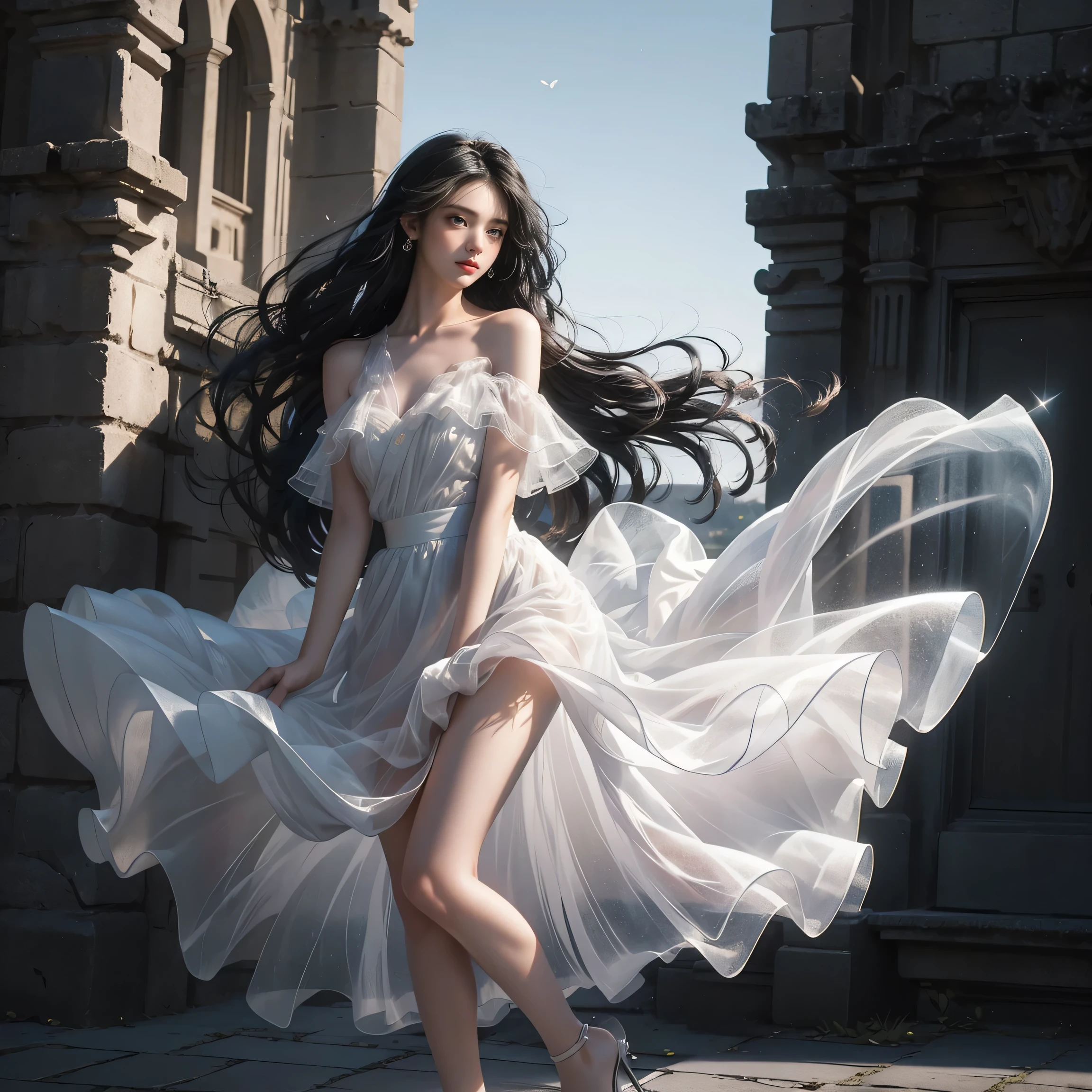 ((Girl standing in front of the wall of an old castle))、Fluorescent color、1 girl、Look to the side、Beautiful Face、Beautiful Eyes、(Off the shoulder:1.2)、Upper Body、Shiny Hair、Glowing Skin、 Reduce glare、Adjusted finger proportions、escrow、ass pov、Dynamic Angle、(((Master Parts)))、(((Highest quality)))、(((Super-detailed))) detailed)、(An illustration)、(detailedな光)、(Very delicate and beautiful)、dramatic_Shadow、Ray_Tracking、reflection、 Ultra-high resolution、((A girl with colorful hair and black hair with mesh))、 Her hair flutters in the wind、(big deep blue eyes)、Black-haired woman、 Sparkling butterfly、Black-haired woman、Points of light around the woman、Magical Aura、Green dot、About Auras Nature、超Magical AuraBlack-haired woman,((Translucent white open shoulder dress:1.3))、(Sleeveless)、((My skirt is flying up in the wind)),((An old European castle looms in the distance)),