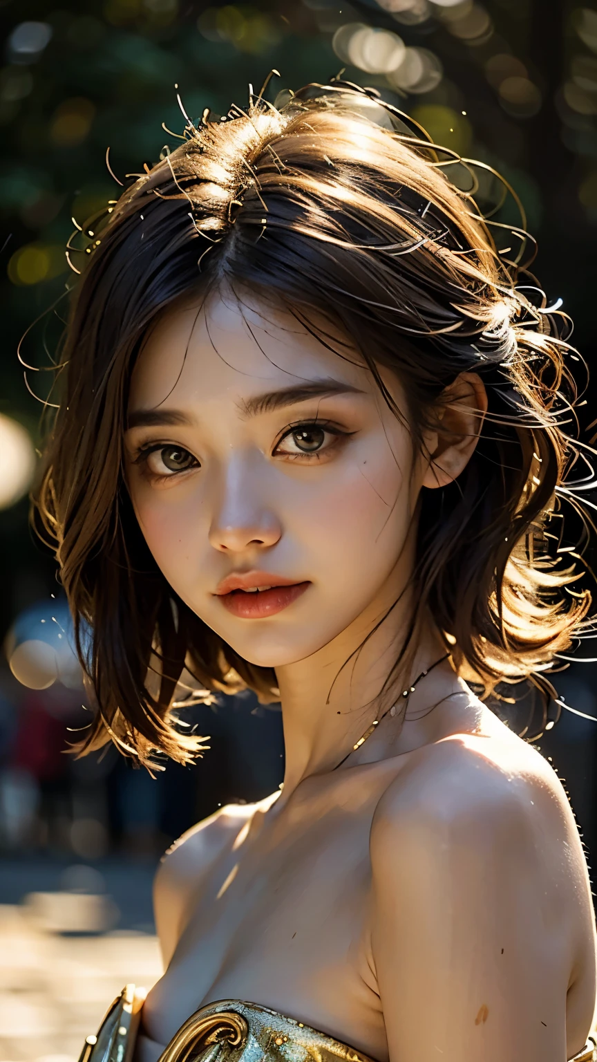 blurred background, flowers, perfect anatomy, asian, smart woman, small face, beautiful detailed eyes, thick lips, detailed eyes and face, brown eyes, long eyelashes, 1 girl, skin like white porcelain, soft and delicate skin, short bangs , a soft look, long hair, brown hair, careful rendering of hair, elegant posture, generous neckline, big chest 2.2, natural light, good atmosphere, rosy cheeks, born, top quality, high resolution, masterpiece: 1.3, 8k