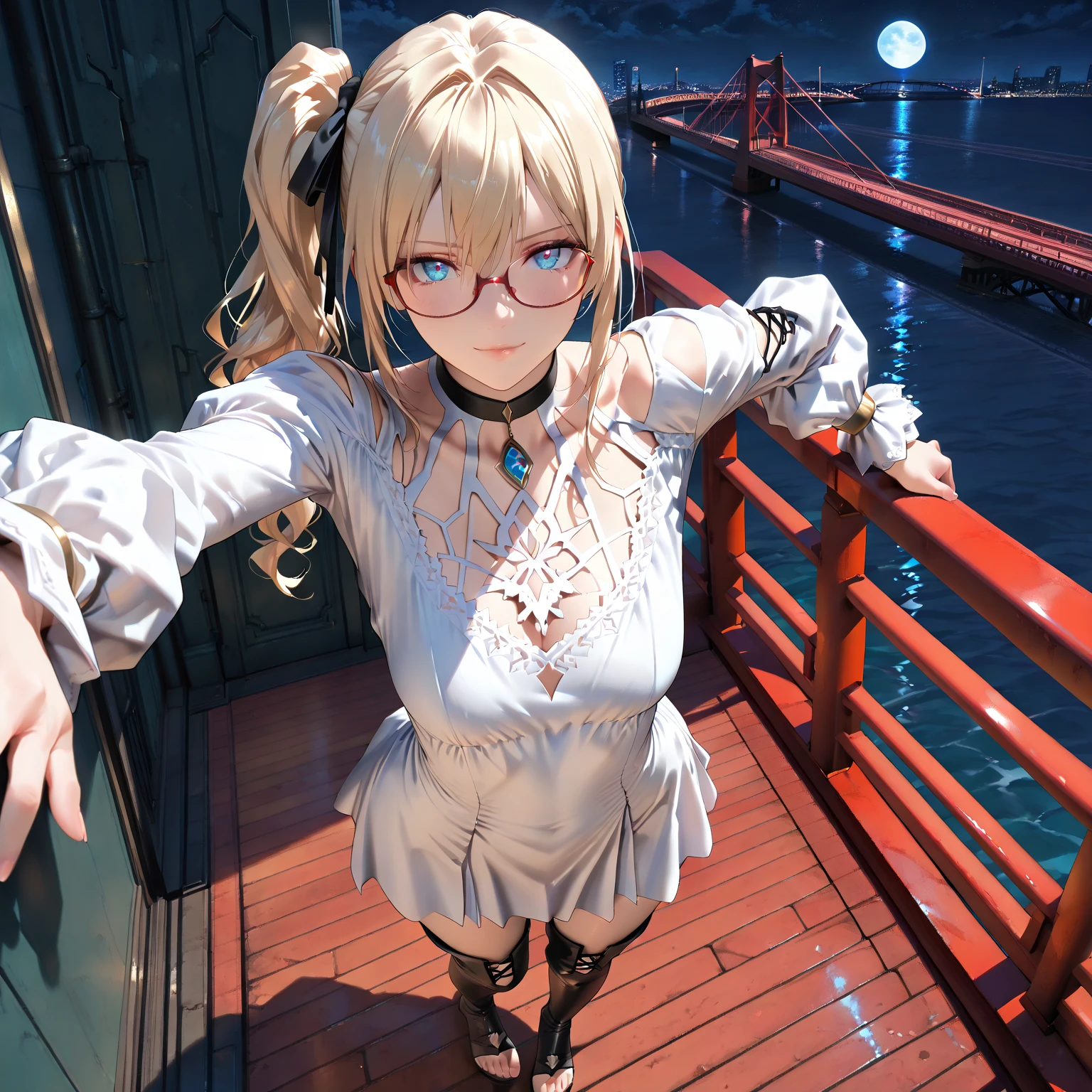 Looks about 20,(beautiful girl: 1.3),Highest quality,8k,Highly detailed CG unit wallpaper,masterpiece:1.2,top-quality,Ultra-high resolution,RAW Photos,real texture skin, photorealistic, Cinema Lighting,Huge buildings,metropolis,Big, round, beautifully shaped butt,),(Perfect hands, Perfect Anatomy), BREAK, (Medium Small breasts), Perfect Face, Symmetrical face, (glossy skin:1.6), beautiful shiny lips, solo, breack, ((Beautifully hand-drawn)), ((light Blonde)), ((white dress, long sleeves, thigh boots, toeless footwear)), ((Swaying side ponytail)), short wavy hair, hair ribbon, ((Blue Eyes)), (Glowing_eye), (((eyes open))), closed mouth, (((({red slim glasses})))), BREAK, ((from above)), midnight sky, BREAK, bayside, high place, (((huge red bridge))), fullmoon, black choker, (eye focus), , light smile, standing against the wall,