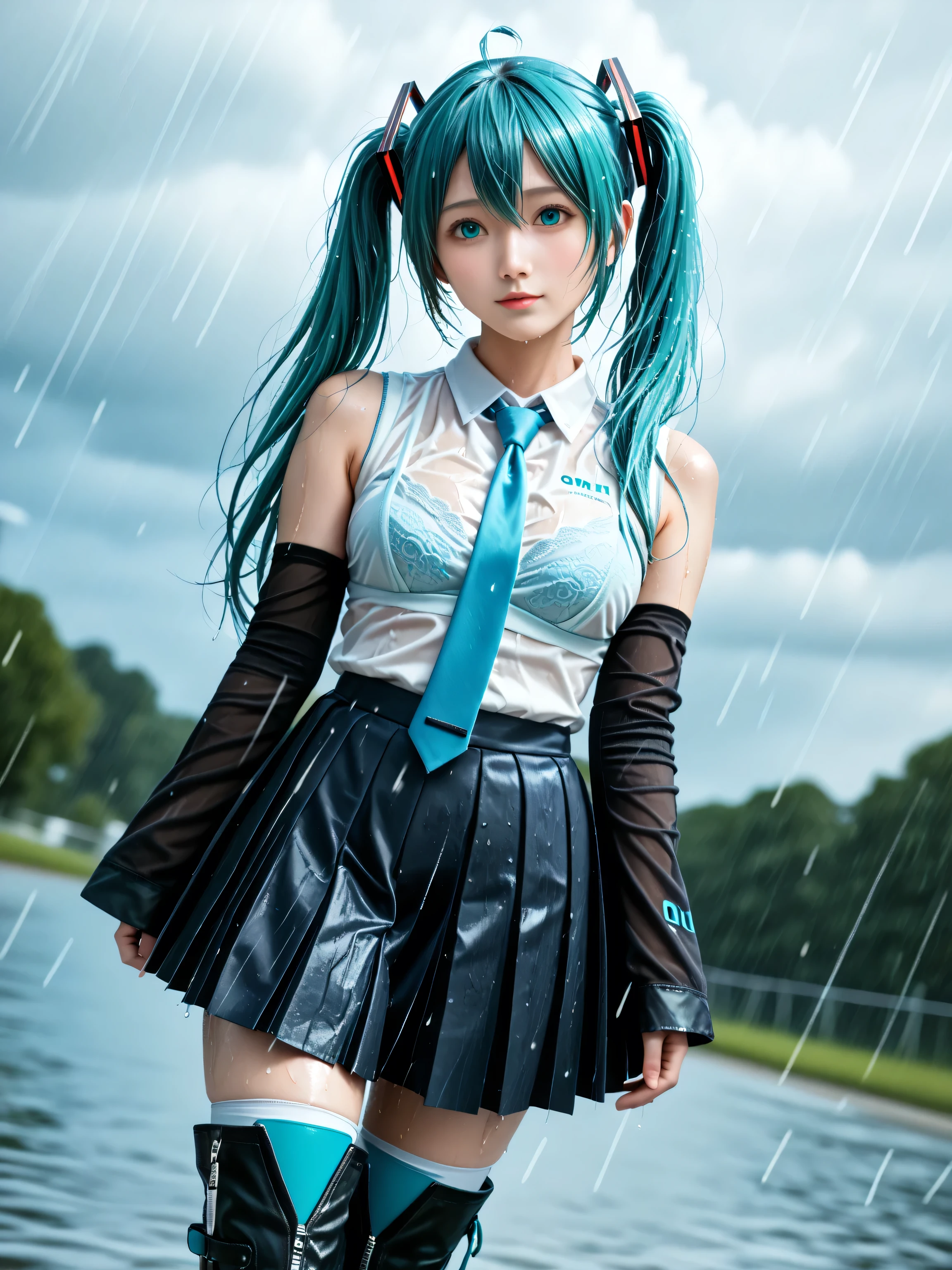 score_9, score_8_up, score_7_up, source_photo, realistic, photo, (((masterpiece, best quality))), ((((best quality, realistic, photo-realistic)))), ((((photorealistic)))), (((((19 years old))))), 1girl, mikuhatsune, miku hatsune, ahoge, ((((aqua eyes)))), ((((aqua hair)))), (((crossed bangs))), ((hair between eyes)), (((hair ornament))), headphones, long hair, ((((twintails)))), boots, ((((thigh boots)))), black footwear, ((((aqua necktie)))), ((((black skirt)))), ((((white thighhighs)))), ((((black sleeves)))), collared shirt, detached sleeves, grey shirt, necktie, ((((pleated skirt)))), shirt, skirt, ((((sleeveless)))), ((((sleeveless shirt)))), tie clip, ((((mature female)))), ((((depth of field)))), blurry background, Detailed face, ((((medium breasts)))), big breasts, ((solo)), busty, ((1girl)), beautiful breasts, beautiful ass, shiny skin, ((((sharp focus)))), perfect hands, ((((outdoors)))), dutch angle, cowboy shot, dynamic angle, cute face, (pretty sister), ((pretty)), ((ultra-detailed)), ((an extremely delicate and beautiful)), Beautiful eyes, (((big eyes:1.5))), (((sensual vibe))), ((((feeling pleasure)))), ((((ideal body)))), ((((energetic)))), ((perfect fingers)), (((realistic:1.4))), (((((sexy pose))))), (((((seductive pose))))), (((((bra visible through clothes))))), (((((wet shirt))))), (((((wet clothes))))), see-through, (((((see-through shirt))))), bra, (((((bralines))))), (((((wet))))), (((((white shirt))))), bra peek, (((((wet skirt))))), (((((rain))))), (((((cloudy))))),