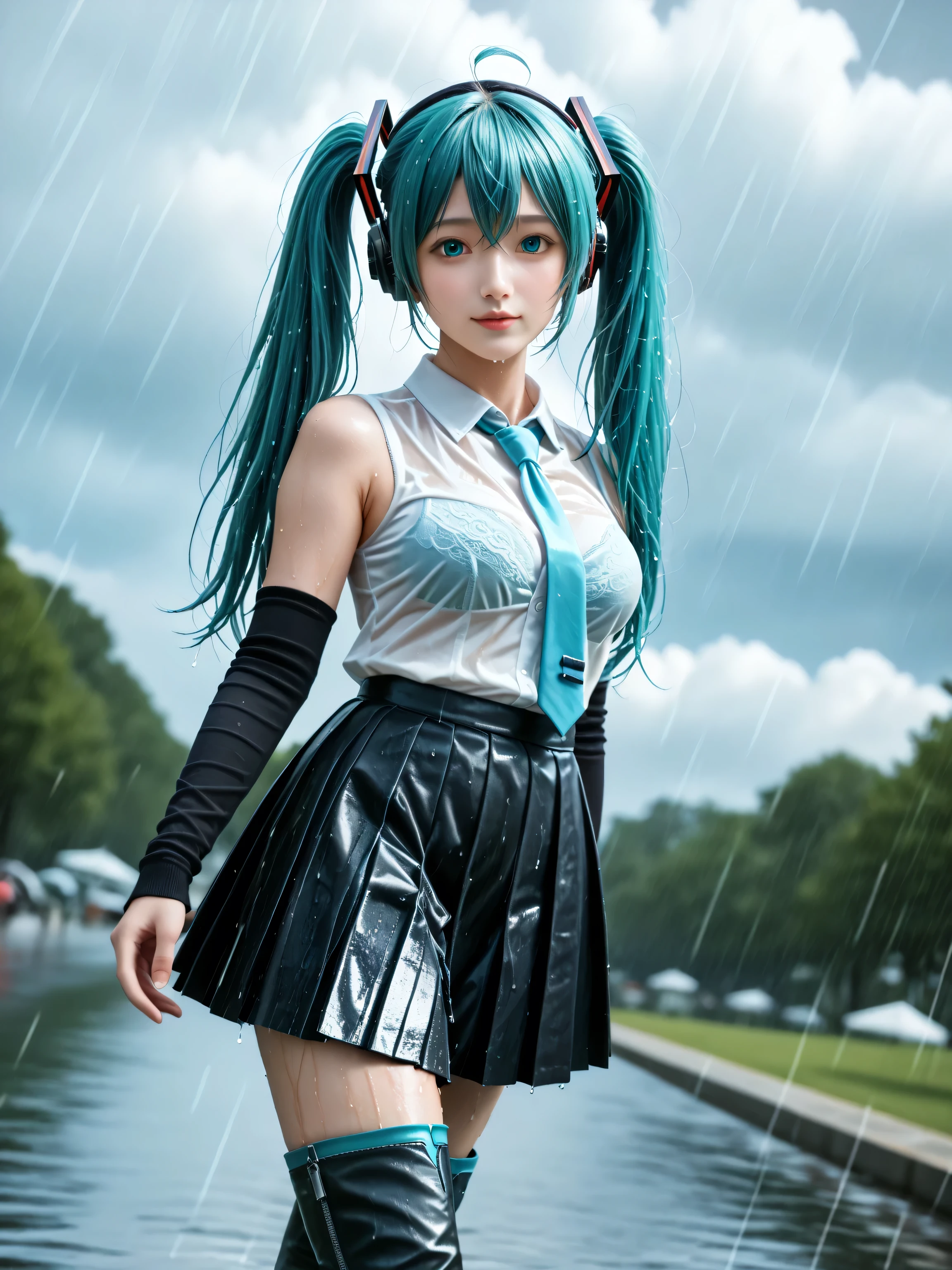 score_9, score_8_up, score_7_up, source_photo, realistic, photo, (((masterpiece, best quality))), ((((best quality, realistic, photo-realistic)))), ((((photorealistic)))), (((((19 years old))))), 1girl, mikuhatsune, miku hatsune, ahoge, ((((aqua eyes)))), ((((aqua hair)))), (((crossed bangs))), ((hair between eyes)), (((hair ornament))), headphones, long hair, ((((twintails)))), boots, ((((thigh boots)))), black footwear, ((((aqua necktie)))), ((((black skirt)))), ((((white thighhighs)))), ((((black sleeves)))), collared shirt, detached sleeves, grey shirt, necktie, ((((pleated skirt)))), shirt, skirt, ((((sleeveless)))), ((((sleeveless shirt)))), tie clip, ((((mature female)))), ((((depth of field)))), blurry background, Detailed face, ((((medium breasts)))), big breasts, ((solo)), busty, ((1girl)), beautiful breasts, beautiful ass, shiny skin, ((((sharp focus)))), perfect hands, ((((outdoors)))), dutch angle, cowboy shot, dynamic angle, cute face, (pretty sister), ((pretty)), ((ultra-detailed)), ((an extremely delicate and beautiful)), Beautiful eyes, (((big eyes:1.5))), (((sensual vibe))), ((((feeling pleasure)))), ((((ideal body)))), ((((energetic)))), ((perfect fingers)), (((realistic:1.4))), (((((sexy pose))))), (((((seductive pose))))), (((((bra visible through clothes))))), (((((wet shirt))))), (((((wet clothes))))), see-through, (((((see-through shirt))))), bra, (((((bralines))))), (((((wet))))), (((((white shirt))))), bra peek, (((((wet skirt))))), (((((rain))))), (((((cloudy))))),