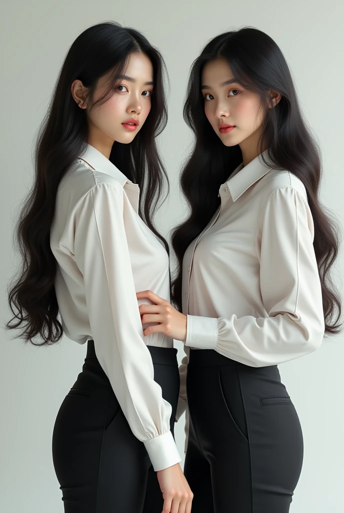 In manhwa art style young Korean woman 29s. Her hair is long and black color. Her face is oval than it is long, which carry a warm , expressive face. Her skin is radiant and clear, and her thin lips is pink. Small grey color eyes are captivating and misterios. She is wearing a jeans and white buttoned blouse while inside his photographic studio 