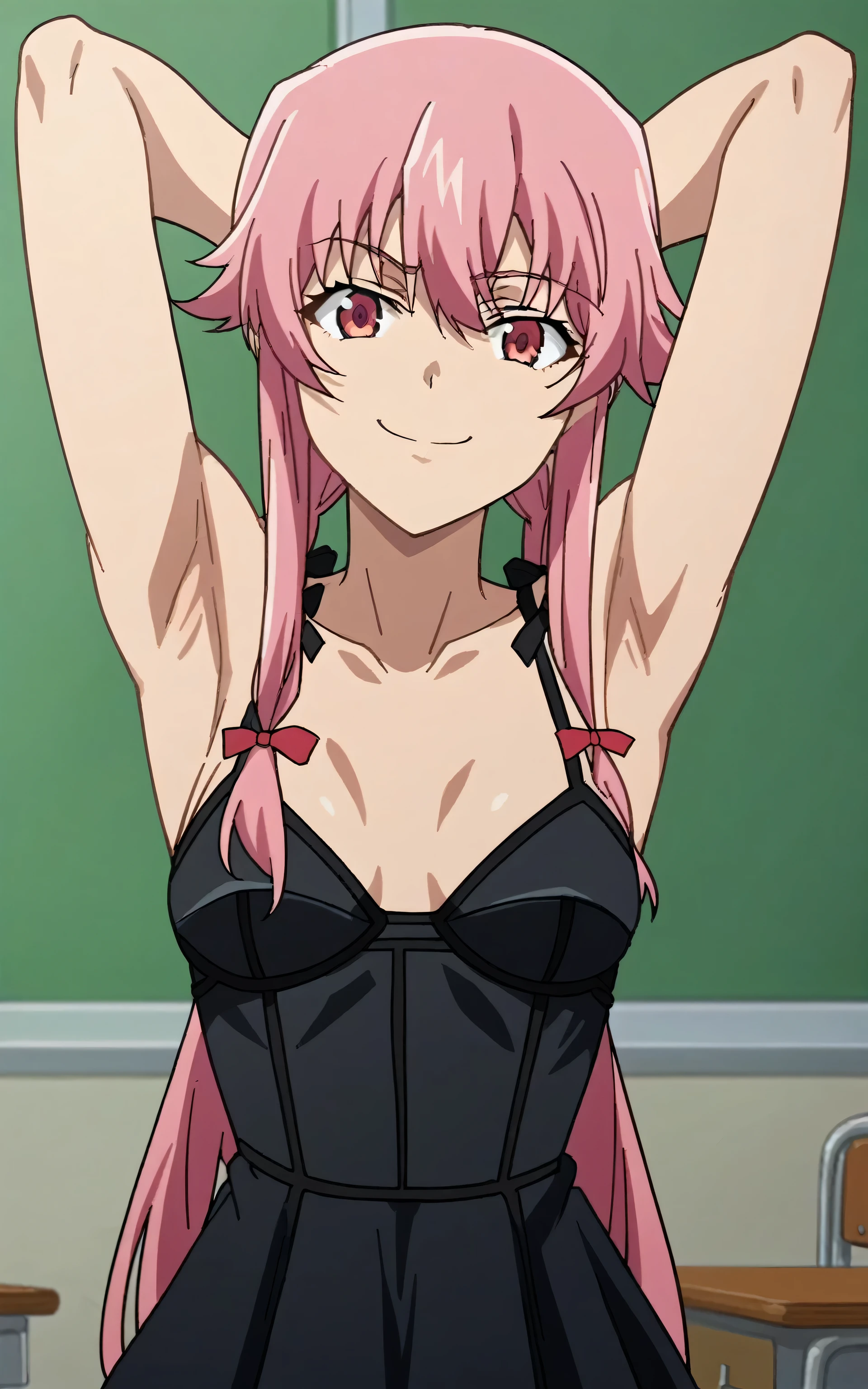 score_9, score_8_up, score_7_up, source_anime, anime screencap, 1girl, solo, Gasai Yuno,  Dress, sleeveless,  shoulders,  arms, arms behind head, armpits, head towards viewer, looking at viewer, smile, smug, closed mouth, badhandv4,  shoulders,  arms, indoors, school