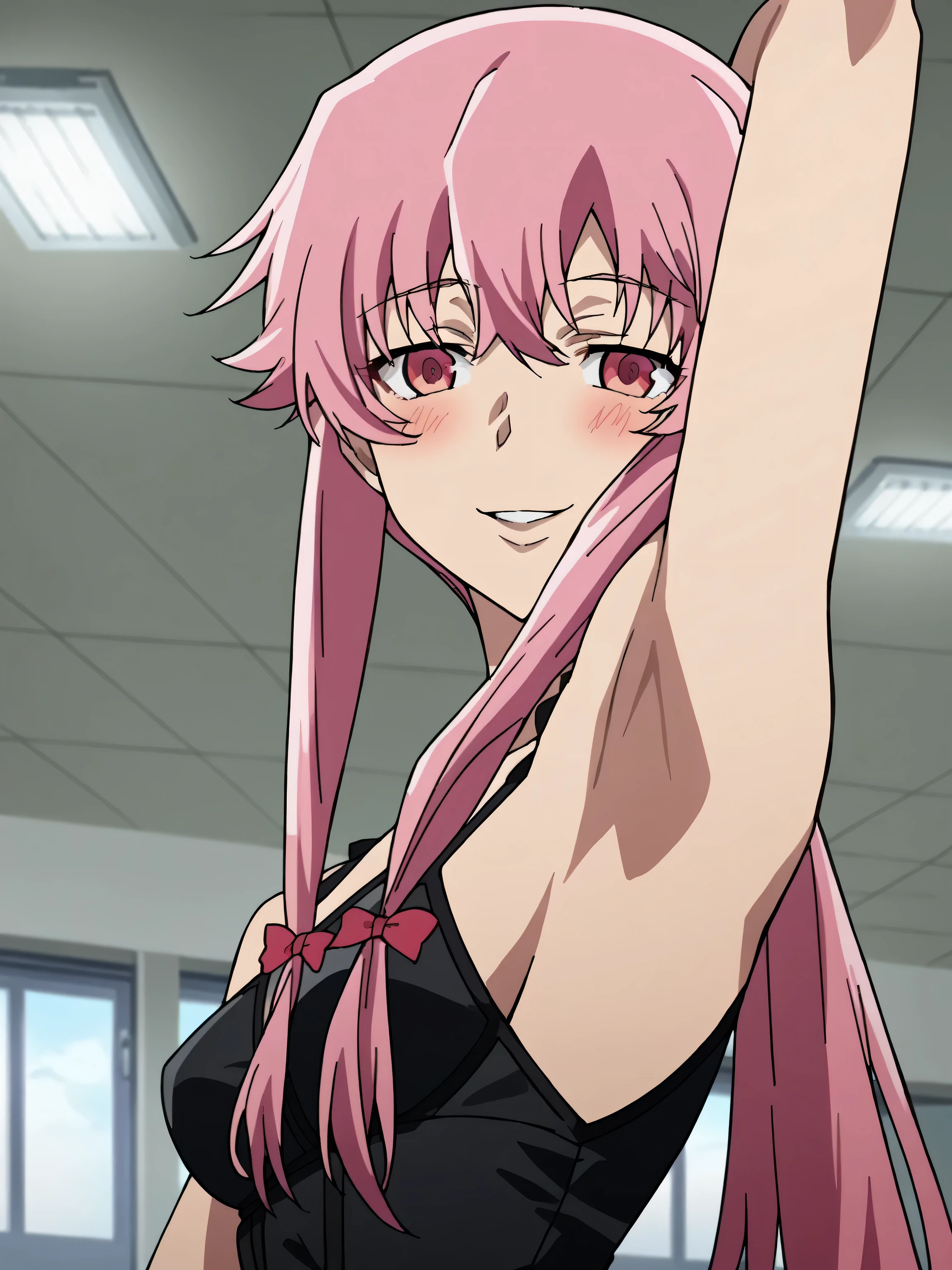 score_9, score_8_up, score_7_up, source_anime, anime screencap, 1girl, solo, Gasai Yuno, Sexy Dress, sleeveless, bare shoulders, bare arms, arms up, raised arm, armpit, head towards viewer, looking at viewer, smile, badhandv4, bare shoulders, bare arms, indoors, school, from side, from below, yandere trance, naughty face, blush