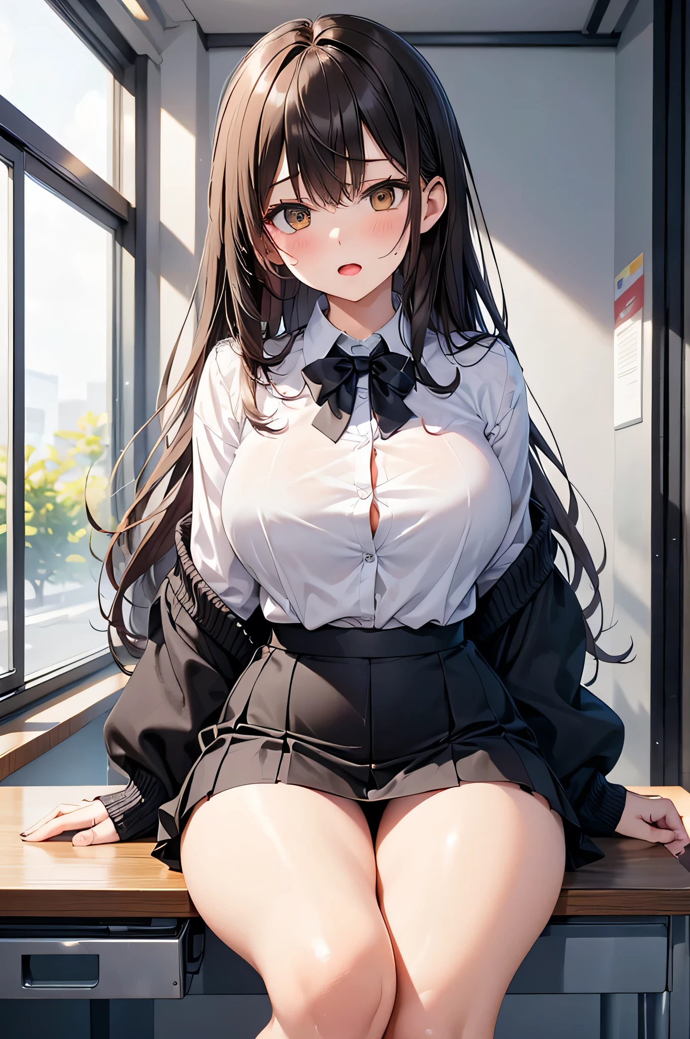 (realistic 8k:1.5), 超A high resolution,nffsw, masutepiece、four fingers a thumb, Perfect human hands,One Woman、独奏、(The background is a school classroom:1.5)、(Shooting from below:1.5)、(skirt by theの中を覗く:1.5)、(Sit at a desk and open your legs:1.5)、(Open your crotch:1.5)、(Day School:1.5)、hi-school girl、student clothes、(blazers:1.5)、skirt by the、(Black panties:1.5)、(Fully exposed panties:1.5)、(Sensational underwear:1.5)、(Fluttering the chest:1.5)、(AHE Face:1.5)、(agitation:1.5)、(Enchanting:1.5)、(Embarrassment:1.5)、(fear:1.5)、 ((Realistic, Super realistic, Realism, realistic detail)),A smile、Smiling、Embarrassed face、Cute Japan Woman,((hyper detailed background, Delicate pattern, intricate detailes)), (Highly detailed, Fine details,),beautiful detailed face and eyes and hair,1girl in,(Big dark eyes:1.5),large full breasts, big butts,perspiring、 (NSFW)