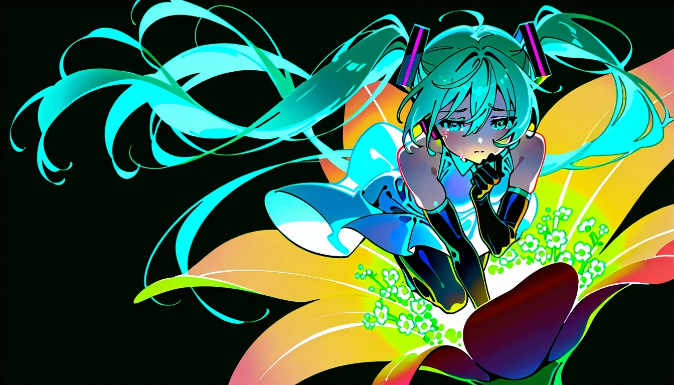 Masterpiece, best quality , one girl, alone, long hair, Hatsune Miku , Twin Tails, very long hair, Bodysuit, Blue Hair, gloves, whole body, blue eyes, floating, View your viewers, hair ornament, Sleeveless, black gloves, Multicolored Hair, facial blemishes , sleeveless dress, flower, open your lips, absurdly long hair, elbow gloves, white dress, hair between your eyes, Sad expression、 I'm crying 、