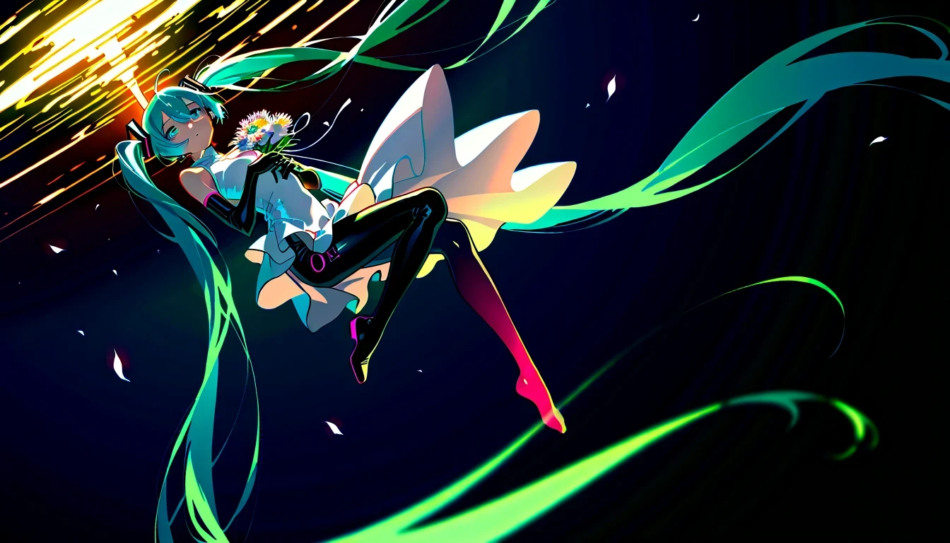 Masterpiece, best quality , one girl, alone, long hair, Hatsune Miku , Twin Tails, very long hair, Bodysuit, Blue Hair, gloves, whole body, blue eyes, floating, View your viewers, hair ornament, Sleeveless, black gloves, Multicolored Hair, facial blemishes , sleeveless dress, flower, open your lips, absurdly long hair, elbow gloves, white dress, hair between your eyes, Sad expression、 I'm crying 、
