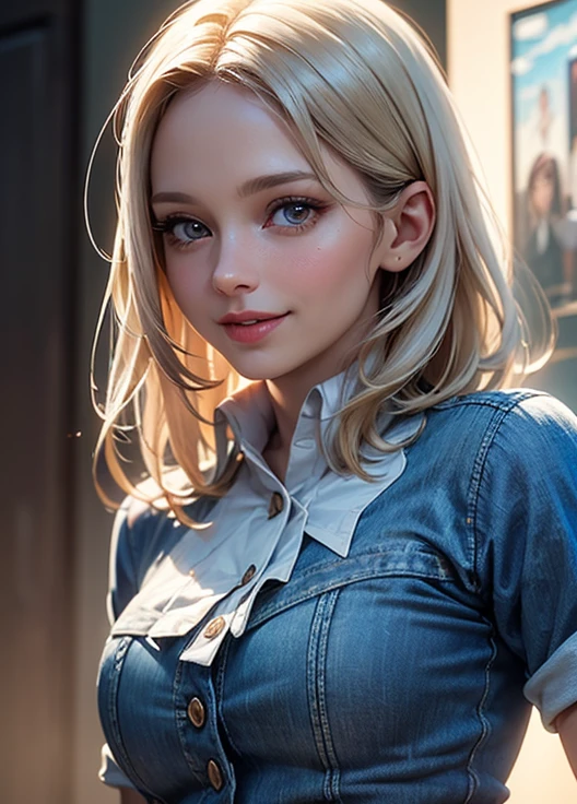 breasts big ((1 girl)) ((sexy hot)) ((long blonde hair, high ponytail)), blue colored eyes, wavyhair, extremely sexy body, choker, (((wearing a bold and stylish denim jumpsuit))), extremely detaild, hyper detailled, (((face perfect)), soft lighting, ((best quality)), dynamic pose, Pose sexy, Dirty with grease, cute and sexy expression, in front of the workshop. Masiela Lusha