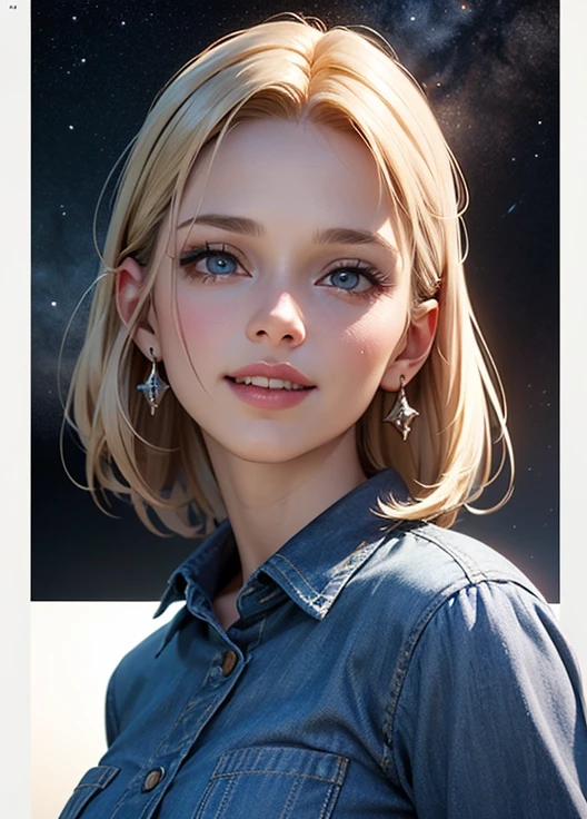 1girl, solo, android 18, blonde hair, blue eyes, short hair, jewelry, earrings, smile, jacket, looking to the side, denim, denim jacket, upper body, lingerie, closed mouth, cloud, sky, day, looking away, blue sky, collarbone,