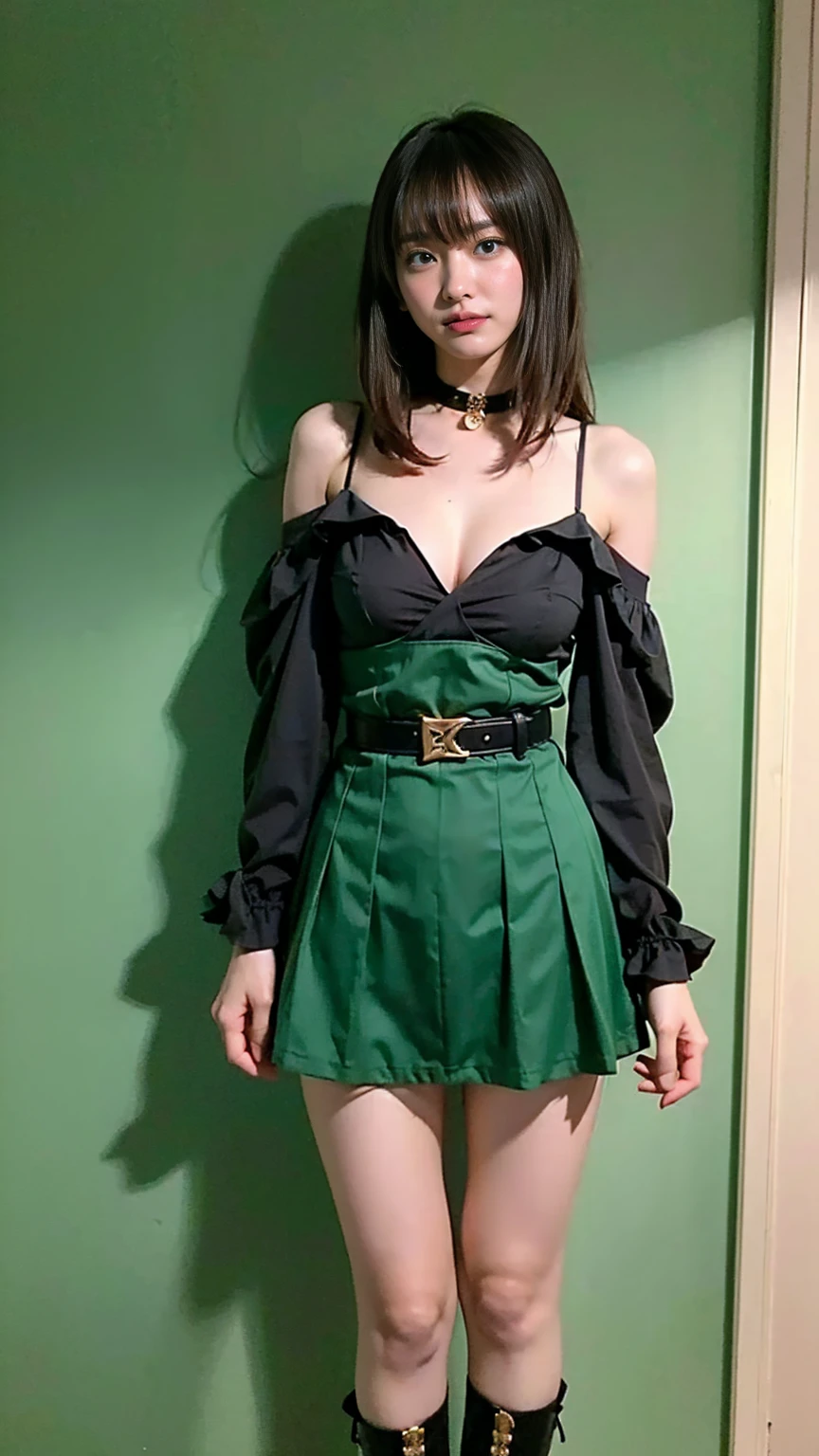 Normal belt for manguri-gaeshi、(beste-Qualit, 8K, 12), 1 girl, tatsumaki, Short Hair Hair, green hair, little chest, , the perfect body, ultra detail face, detailed lips, Slender Eyes, gown, stands, enticing, Excited, convex areolas, steam, From Bottom
