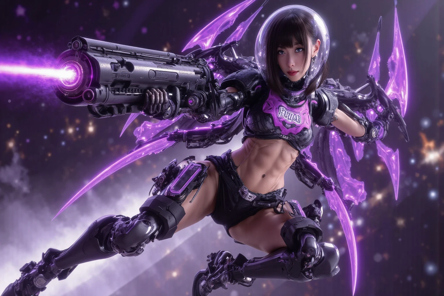 Luciwilde is a sexy cyborg with a entirely electric purple metallic body(obviously mechanical), metal helmet stylized as a fashion model hairdo (no hair visible), and a completely human face. She is flying through space propelled by jets in her feet. She has a guitar with a laser rifle built into it. Full body shot, show all of her, action pose with her weapon, best quality, extreme attention to detail, beautiful face