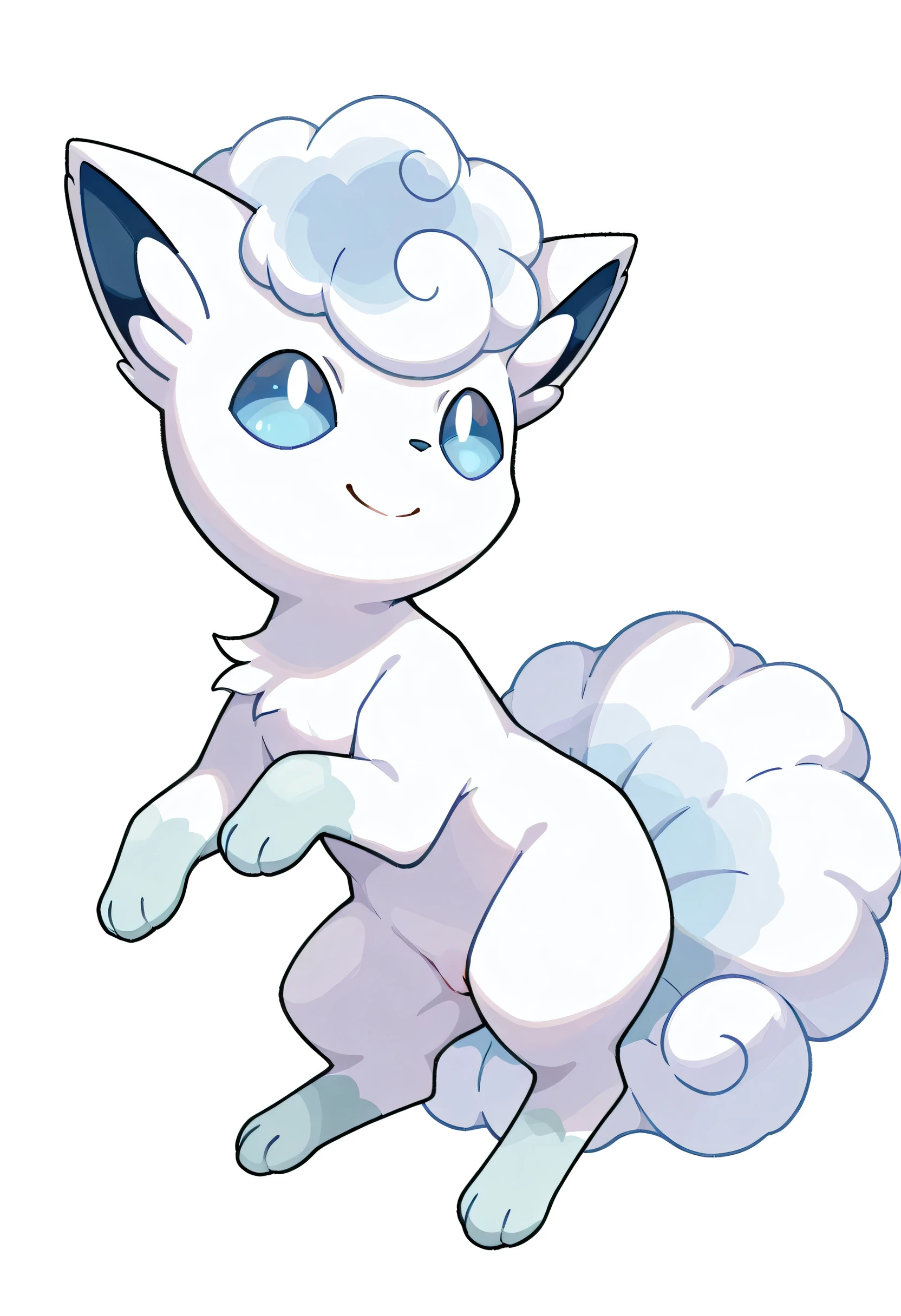 score_9,  score_8_ up,  score_7_ up,  score_6_ up,  source_ like fur, Alolan Vulpix, depth of field,  full body portrait , Alone,  smile, white background , Alola_ outer vagina, Pokémon (Living things), blue eyes, White body, Side View
