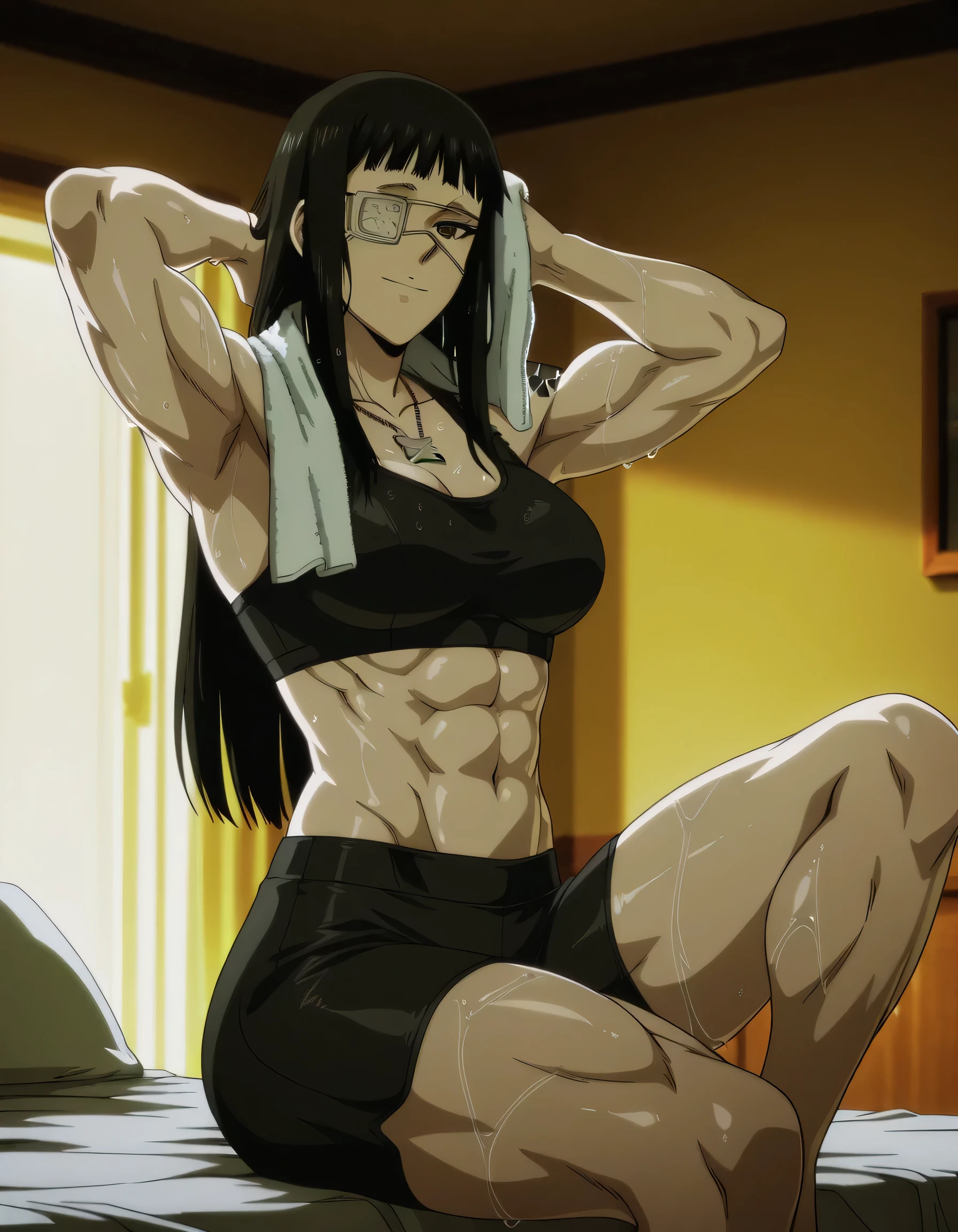 1girl,solo,mm,mature female,black hair,eyepatch,brown eyes,medium breasts,anime coloring,long hair,
muscular,black tight sport bra and black tight sport Elastic shorts,cowboy shot, , wet,bedroom, tattoo,
,masterpiece,best quality,amazing quality,,muscles and,muscles lines,muscles big size,pelvis muscles,strength muscles looking,dynamic air,Valmet handsome face,Shining abs and shoulders,eight-pack,iron muscles,,Barefoot, sporting attractiveness sexual attractiveness,sitting ,choza sitting ,sexual muscles,light smile,leg laying,Valmet raises her hands up,armpits,Valmet tall body,towel around her neck,yellow light in room,in night,too wet,light too yellow,Valmet have a penis inside her short,A swelling between her legs indicates an erect penis inside short,military necklace