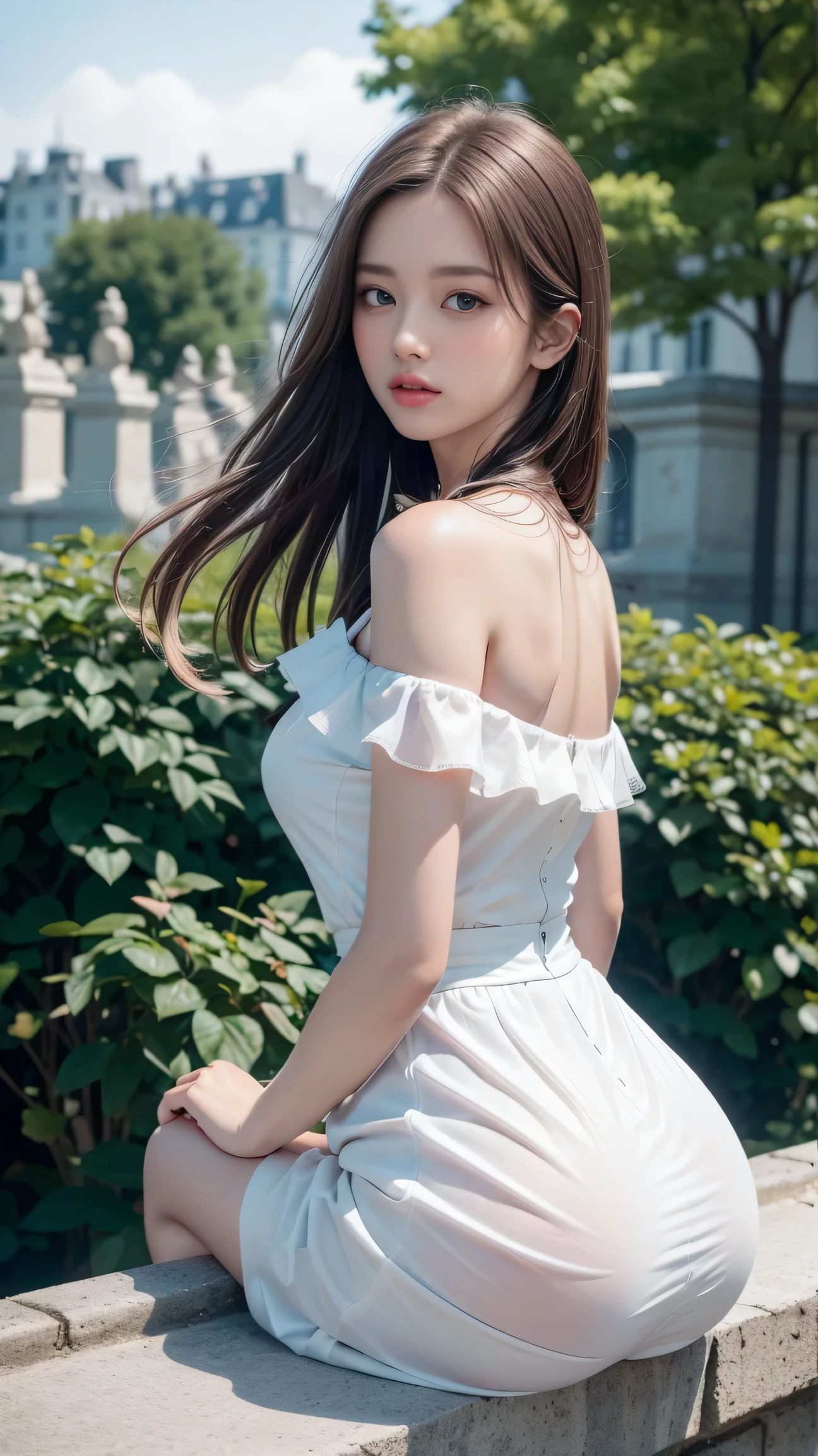 Beautiful woman wearing a blue sky and white mini dress with decorations on the shirt and visible shoulders and wearing boots and being photographed with a white background And And he was on the grass which was beautiful and filled with white flowers , Korean style swag, beautiful face so gorgeous, Beautiful eyes, y2k style