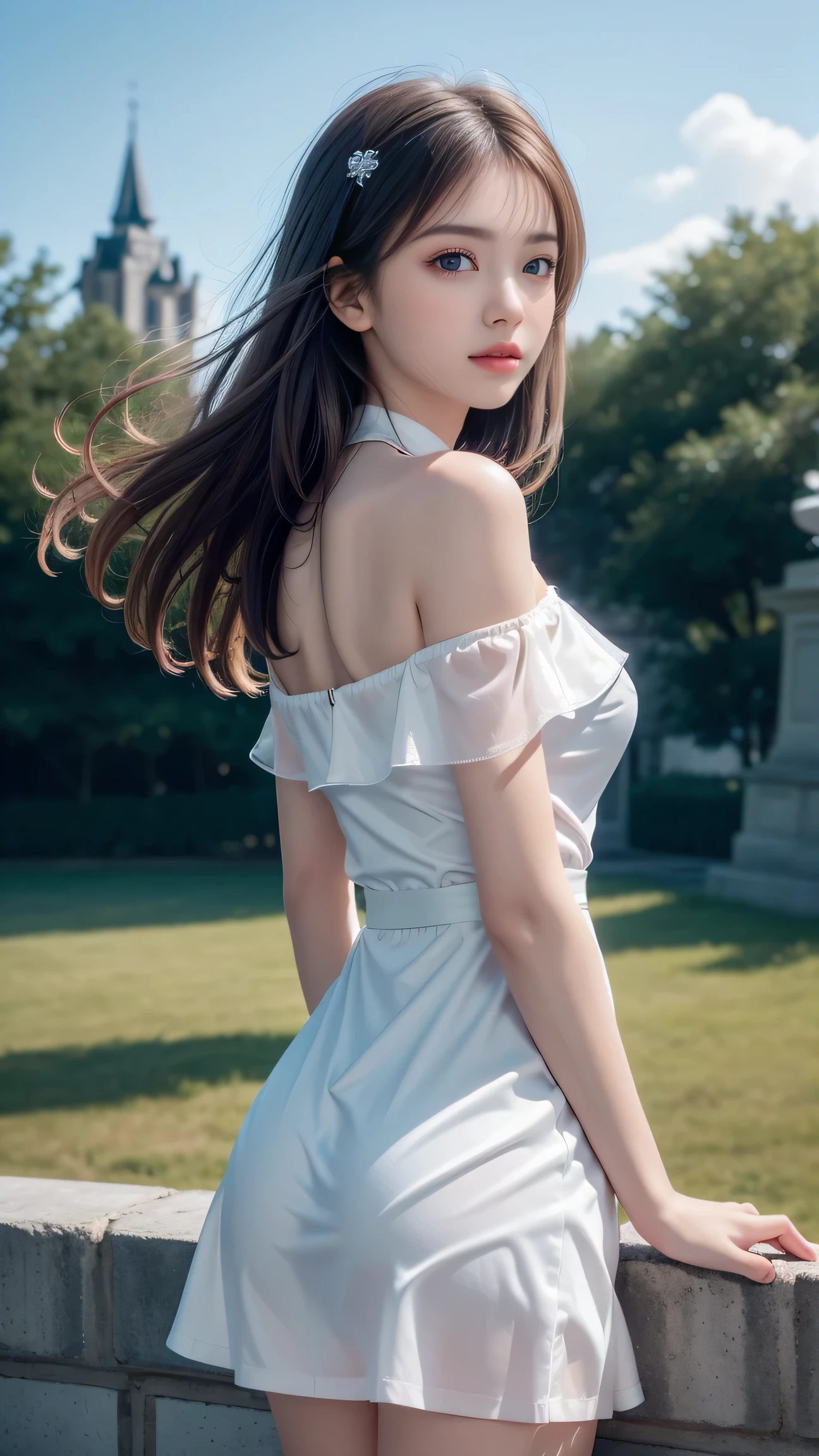 (((best quality))),(((ultra detailed))),(((masterpiece))),illustration,((1 beautiful girl,solo)),((slim,thin)),(shoulder length straight bob hair:1.2),flowing hair,fair skin,(shiny skin:1.3),detailed eyes,laughing,(shirt-dress:1.3),delicate necklace,grass,dewdropletts,trees,bird chirping,serenity,gratitude,awe,wonders of nature,peace,contentment,magnificent world,summer,(pitch-dark dawn:1.5),(night scene:1.3),((upper body,from back)),after rain,(wet:1.3),standing,on the path,At the mountaintop,confident gaze,elegant posture,mysterious atmosphere,solemn mood,dawn approaching,detailed decorations,(sunrise:1.3),(cloudy sky:1.2),rainbow,(Rural Landscape:1.2),horizon,bare back,towering hips,butt crack