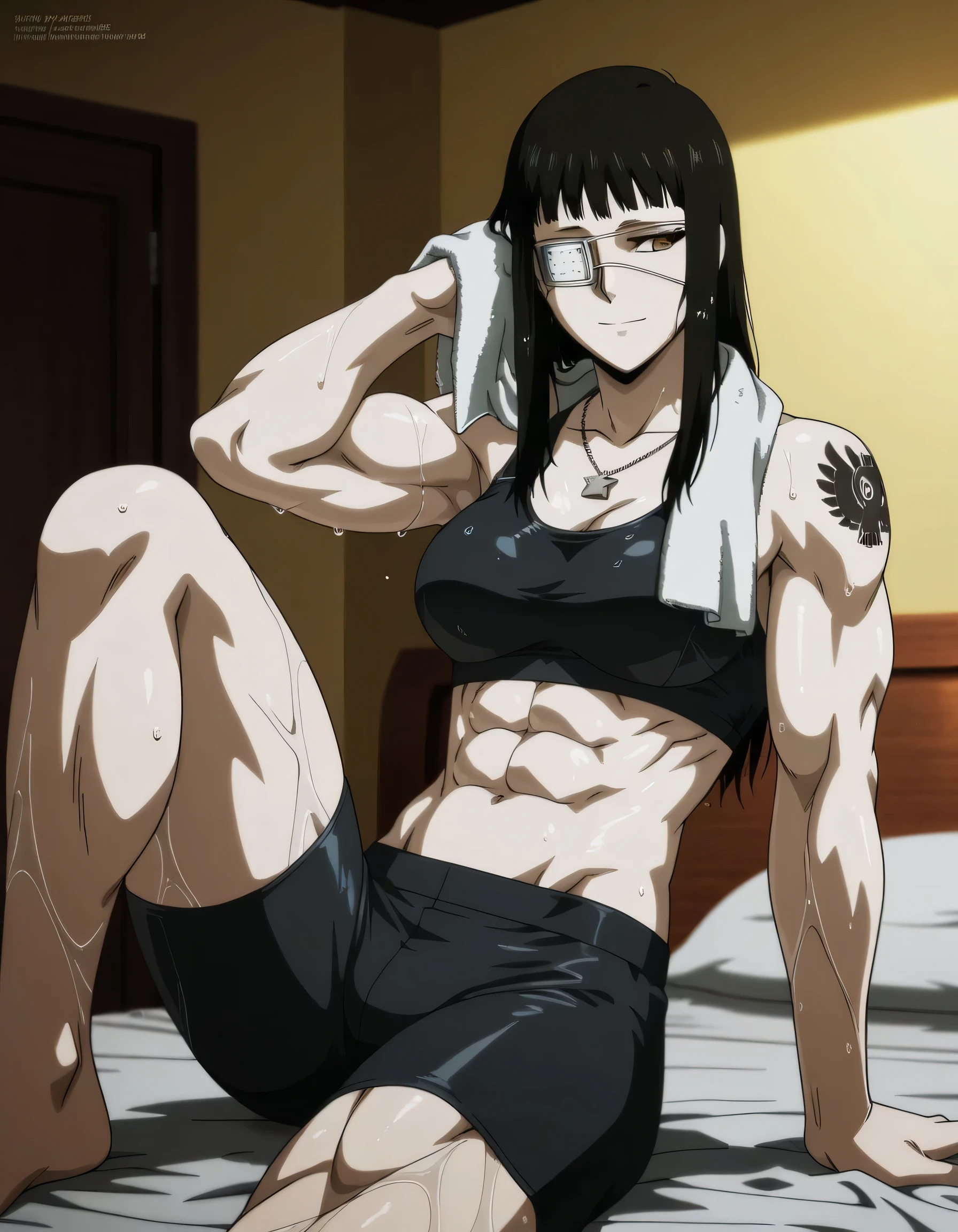 1girl,solo,mm,mature female,black hair,eyepatch,brown eyes,medium breasts,anime coloring,long hair,
muscular, military black tight sport bra and military black tight sport Elastic shorts,cowboy shot, , wet,bedroom, tattoo,
,masterpiece,best quality,amazing quality,,muscles and,muscles lines,muscles big size,pelvis muscles,strength muscles looking,dynamic air,Valmet handsome face,Shining abs and shoulders,eight-pack,iron muscles,,Barefoot, sporting attractiveness sexual attractiveness,sitting ,choza sitting ,sexual muscles,light smile,leg laying,Valmet raises her hands up,armpits,Valmet tall body,towel around her neck,yellow light in room,in night,too wet,light too yellow,Valmet have a penis inside her short,A swelling between her legs indicates an erect penis inside short,military necklace,
