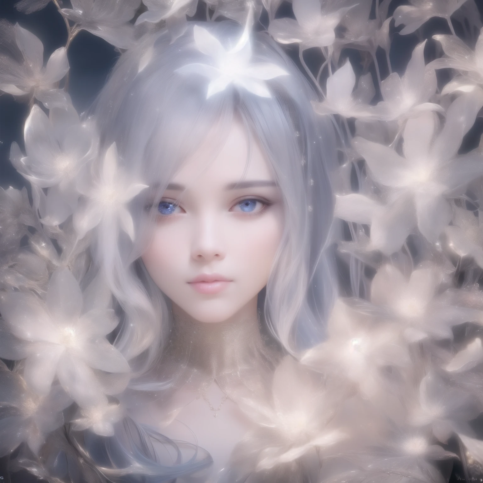 a beautiful fairy with silver hair, holding a glowing star-shaped wand in a starry night sky, detailed facial features, highly detailed, (best quality,4k,8k,highres,masterpiece:1.2),ultra-detailed,(realistic,photorealistic,photo-realistic:1.37),fantasy,magical realism,dramatic lighting,cinematic,glowing stars,ethereal,iridescent,whimsical