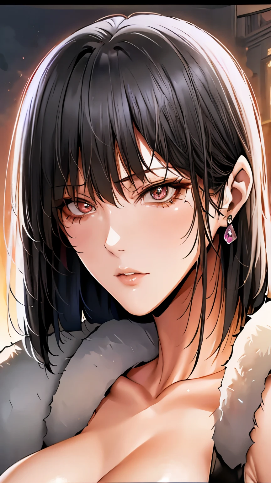  The face of a mature woman would be a little angry, focus on her eyes, which are crystalline black, strong black hair cut to the shoulders, small nose with full lips.