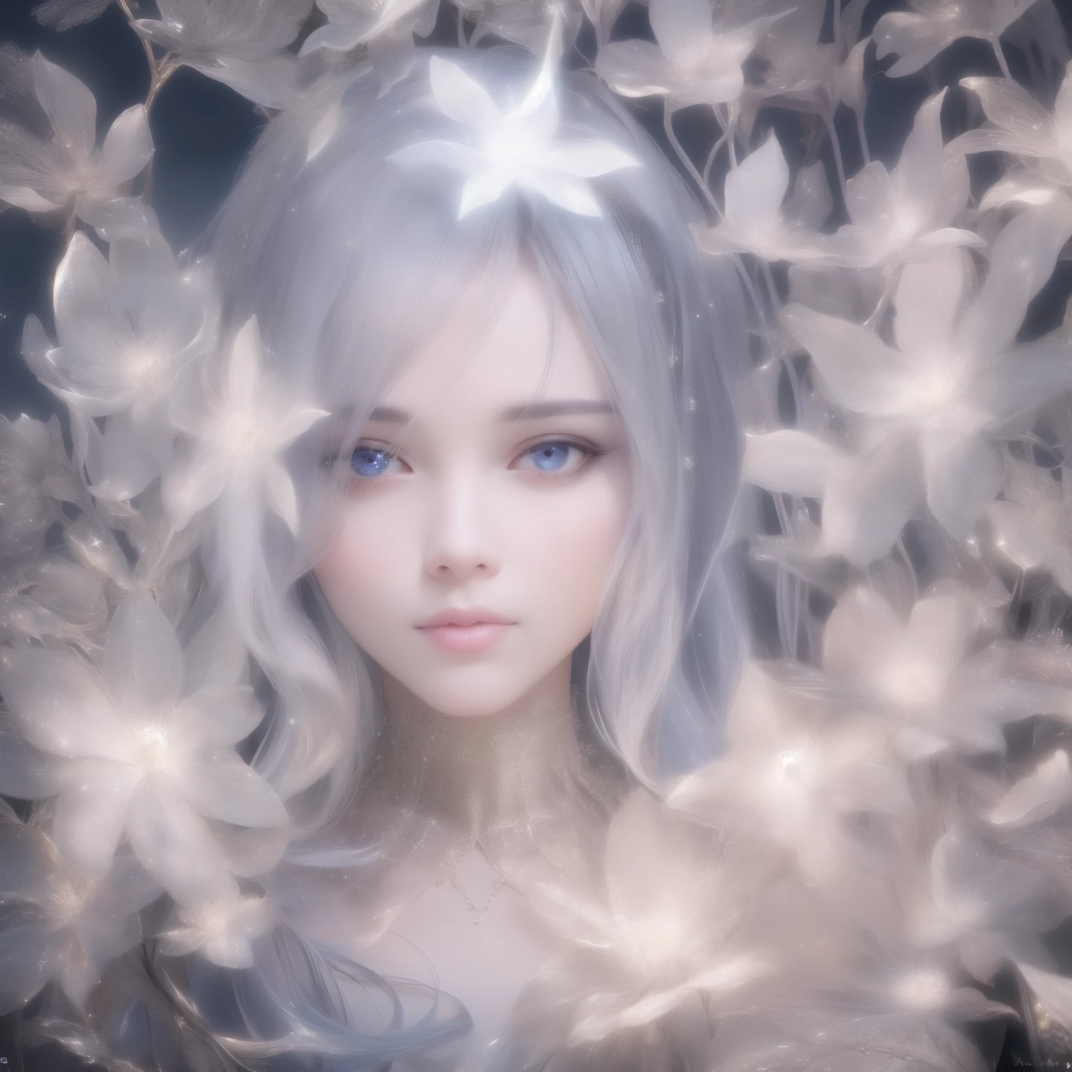 a beautiful fairy with silver hair, holding a glowing star-shaped wand in a starry night sky, detailed facial features, highly detailed, (best quality,4k,8k,highres,masterpiece:1.2),ultra-detailed,(realistic,photorealistic,photo-realistic:1.37),fantasy,magical realism,dramatic lighting,cinematic,glowing stars,ethereal,iridescent,whimsical