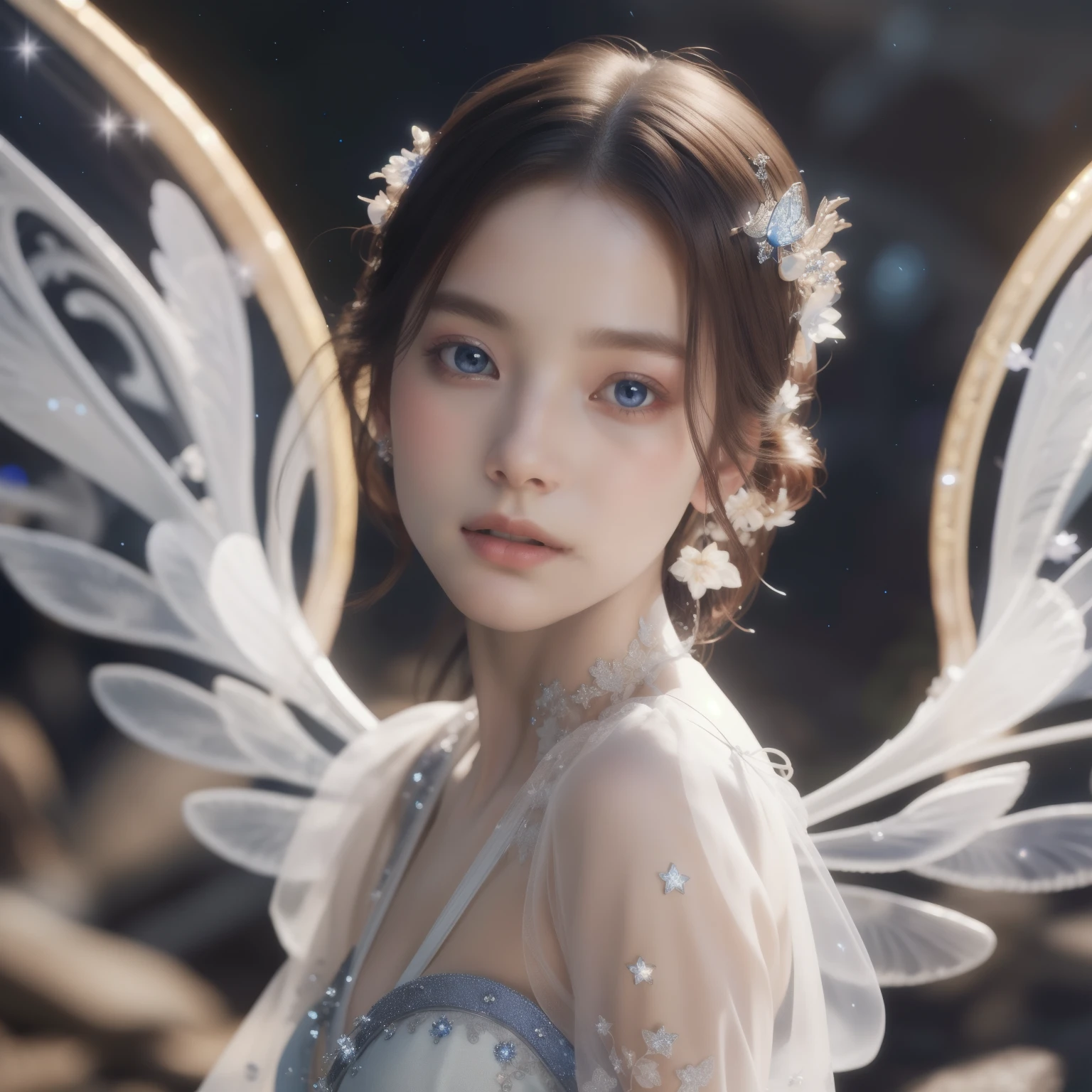 A beautiful fairy in a starry night sky, looking slightly smiling at the camera, close-up upper body shot, ethereal, glowing, fantasy, bioluminescent, intricate detailed wings, delicate facial features, porcelain skin, magical, dreamlike, soft lighting, cinematic, color palette of blues, purples, and silvers, (best quality,4k,8k,highres,masterpiece:1.2),ultra-detailed,(realistic,photorealistic,photo-realistic:1.37),digital art, concept art, fantasy art